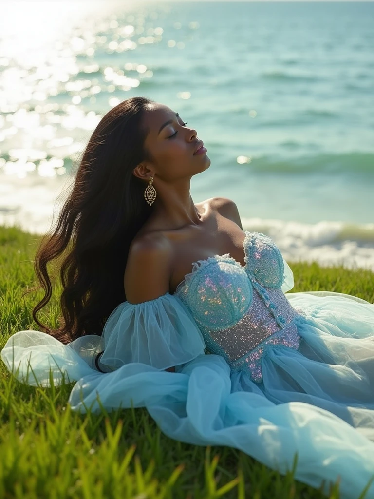 A beautiful biracial latina woman, blue long wavy hair, blue light eyes, large breasts, wearing a blue princess dress with a low neckline and short sleeves, walking in the middle of the sea, with a golden sunset behind her, contre-jour lighting, looking from the side, put her hands in the water, arm outstretched to keep balance, extremely detailed full body, best quality, 4k, 8k, highres, masterpiece, ultra-detailed, realistic, photorealistic, photo-realistic, HDR, UHD, studio lighting, ultra-fine painting, sharp focus, physically-based rendering, extreme detail description, professional, vivid colors, bokeh, portraits, fantasy