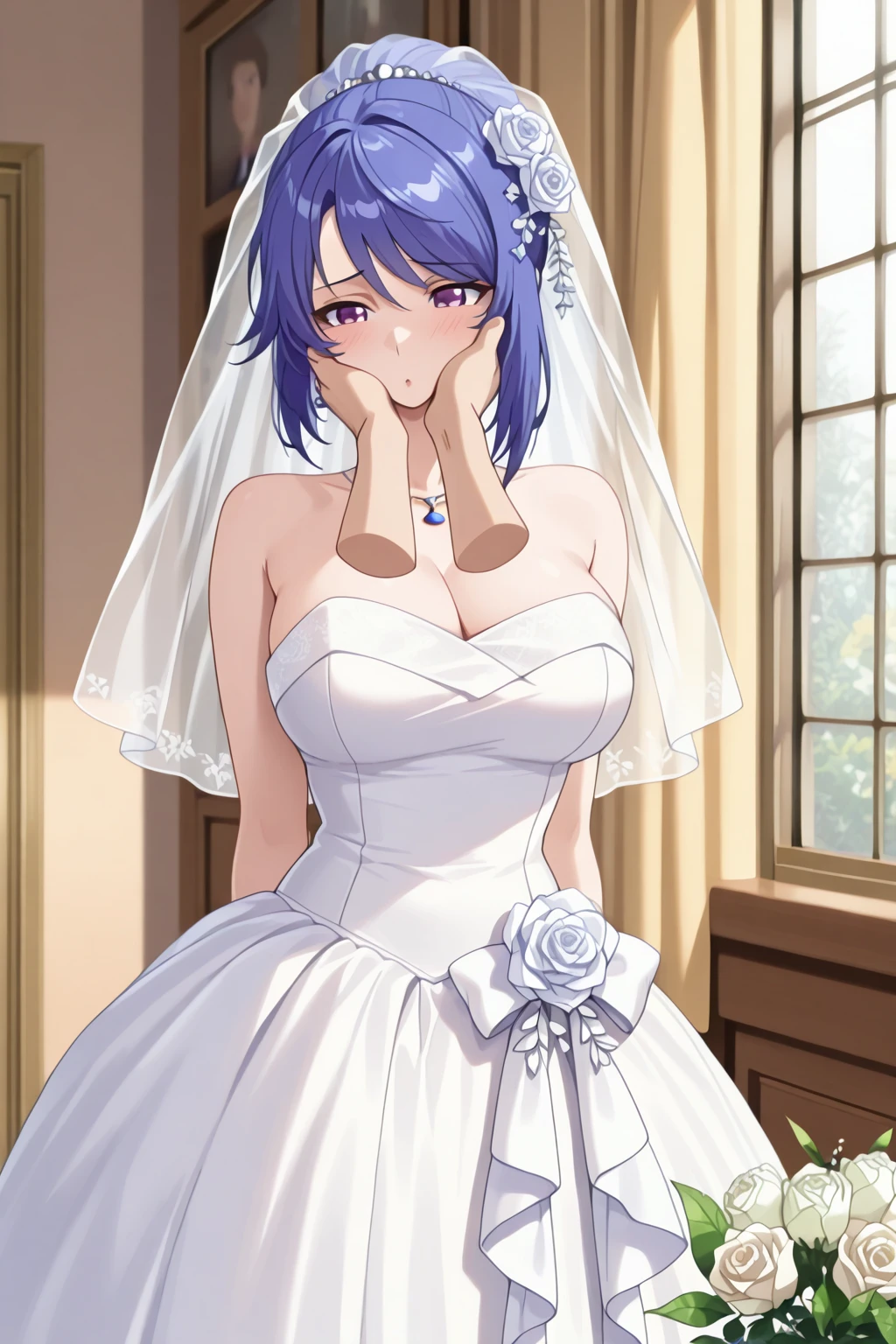 (((Best quality))), ((Ultra-detailed)), ((illustration)), ((Disheveled hair)), ((frilld)), (1 girl), (Solo),Bandeau wedding dress,little breast,