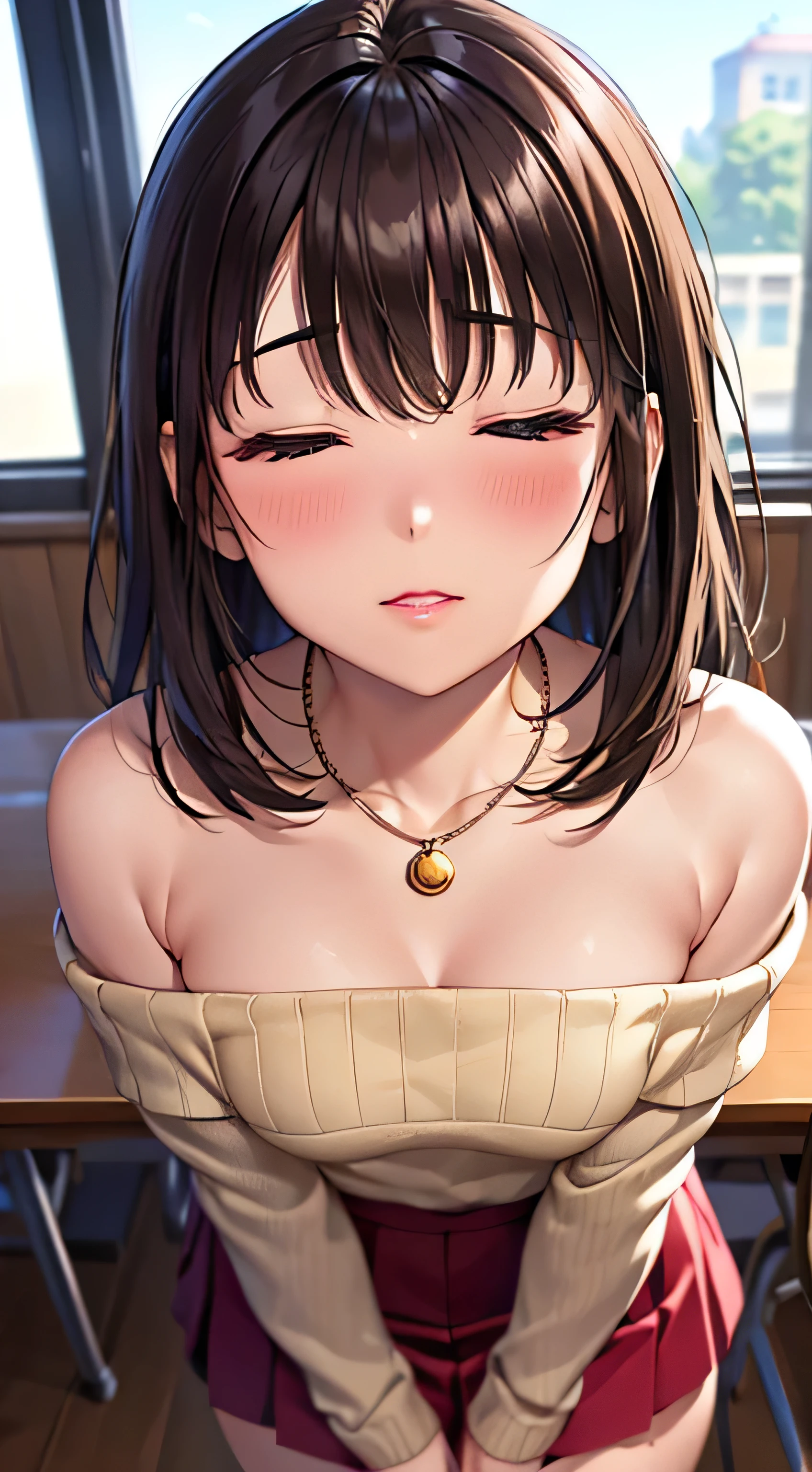 (from above:1.0),(from side:0.9),masterpiece, 1girl, Amazing Cleavage:1.1, thin waist, big ass, Raised sexy, small breast: 1.3, posed cleavage:1.2、solo, looking at viewer, open mouth, have a cute grass of cute beergrass,black hair, dark green eyes, dress, bare shoulders, jewelry, collarbone, sidelocks, hairband, earrings, indoors, off shoulder, :o, sweater, arms behind back, plant, short hair with long locks, gild hairband, off-shoulder dress, sweater dress, off-shoulder sweater, red sweater, dark gord hair, big side hair, very long side hair,is rendered in (masterpiece: 1.2, best quality), with (ultra high resolution) and an exquisite (depth of field). This masterpiece is not only visually stunning but also tells,A scene of cooking in the kitchen by classroom
