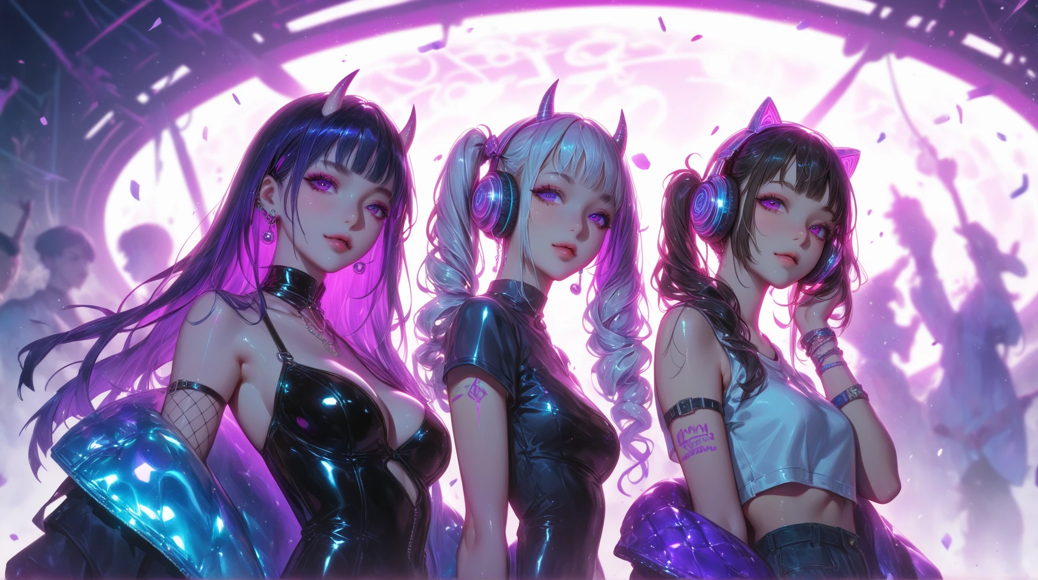 a tall thin girl with white hair and horns, a tall thin girl with brown hair, a tall thin girl with black hair, three girls in a gamer room, neon lights, sitting playing video games, (best quality,4k,8k,highres,masterpiece:1.2),ultra-detailed,(realistic,photorealistic,photo-realistic:1.37),detailed eyes,detailed lips,extremely detailed faces,long eyelashes,beautiful girls,gaming,video game,neon lighting,interior,room,cozy,relaxed,joyful,vivid colors,dramatic lighting