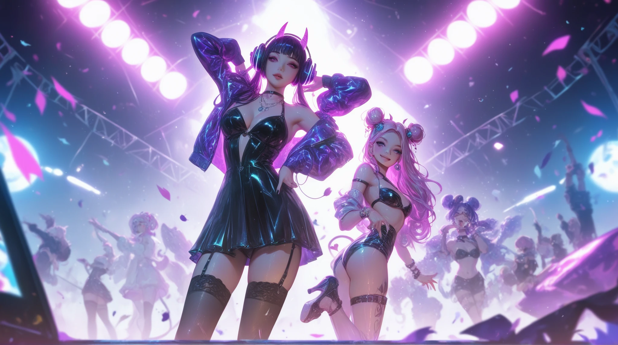 A Thai Lady Boy, dressed to party, leads a big creepy shark or frog around a nightclub, held by a chain. (best quality, 4k, 8k, highres, masterpiece:1.2), ultra-detailed, (realistic, photorealistic, photo-realistic:1.37), vibrant colors, dynamic lighting, vivid club atmosphere, neon lights, energetic crowd, pulsating music, shiny vinyl dance floor, extravagant makeup, extravagant costumes, mesmerizing eyes, elaborate hairstyles, edgy fashion, glamorous accessories, confident posture, festive decorations, smoke machine, disco ball, laser lights, glimmering sequins, vibrant stage backdrop, lively dance moves
