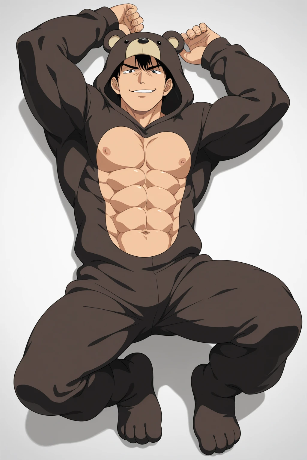 riki, detailed scars, brown fur, male, masculine, feral:1.1, quadruped, full body, (muscular forelegs, muscular neck, muscular shoulders, muscular hindlegs, muscular feral):1.2, heavyweight, pectorals:1.0, correct pectorals, paws, detailed, high quality, best resolution, cel shaded, solo, (no background, white background):1.5, dog tail, dog ears, by wfa, by seibear, by rossciaco, by taran fiddler, by echin:0.5, cel shaded, brown eyes, detailed eyes, open mouth, teeth, looking at viewer, (laying, laying on bed, laying on back, top view, paws curled):1.1, wearing jockstrap, bulge