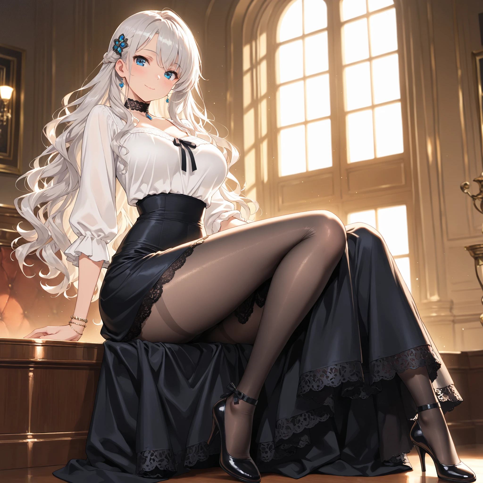 (((Alone))),(((Mature Woman))),(((Long Gray hair without bangs))),(((Completely black eyes))),(Lush body with light curves),(((Wearing a chic formal dress)))