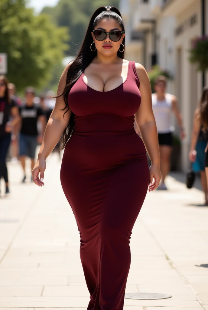 one mature woman,(fullbody image:1.2),big tits,hands behind your head,(curvy body:1.2),((sweaty body :1.2)),,((wetting body:1.2)),wearing tight white shitr,high heel,midriff baring,
