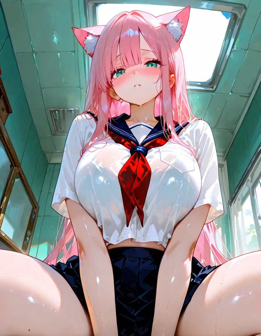 ( 4 diferent girls having sex),4 Girls with pink hair, long twintail hairstyle, ((small bushy eyebrows)), wearing gothic lolita clothing, lolicon , walking to school, flirty smile,, walking to school, bored look, bored face,, (sitting with legs open lifting her skirt to show her vagina wet with semen),1 boy having sex with the girls, scaried young boy, another girls looking happy
