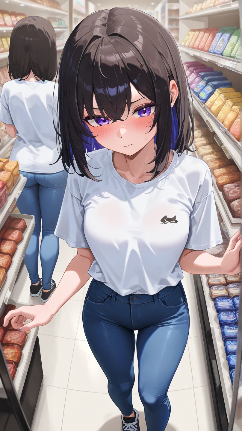 masterpiece, best quality, 2girls, 10yo, (petite), cowboy shot,
 aroused, standing, nude, nipples, flat chest, pussy,
 Konbini, shop, indoors, convenience store, crowd,