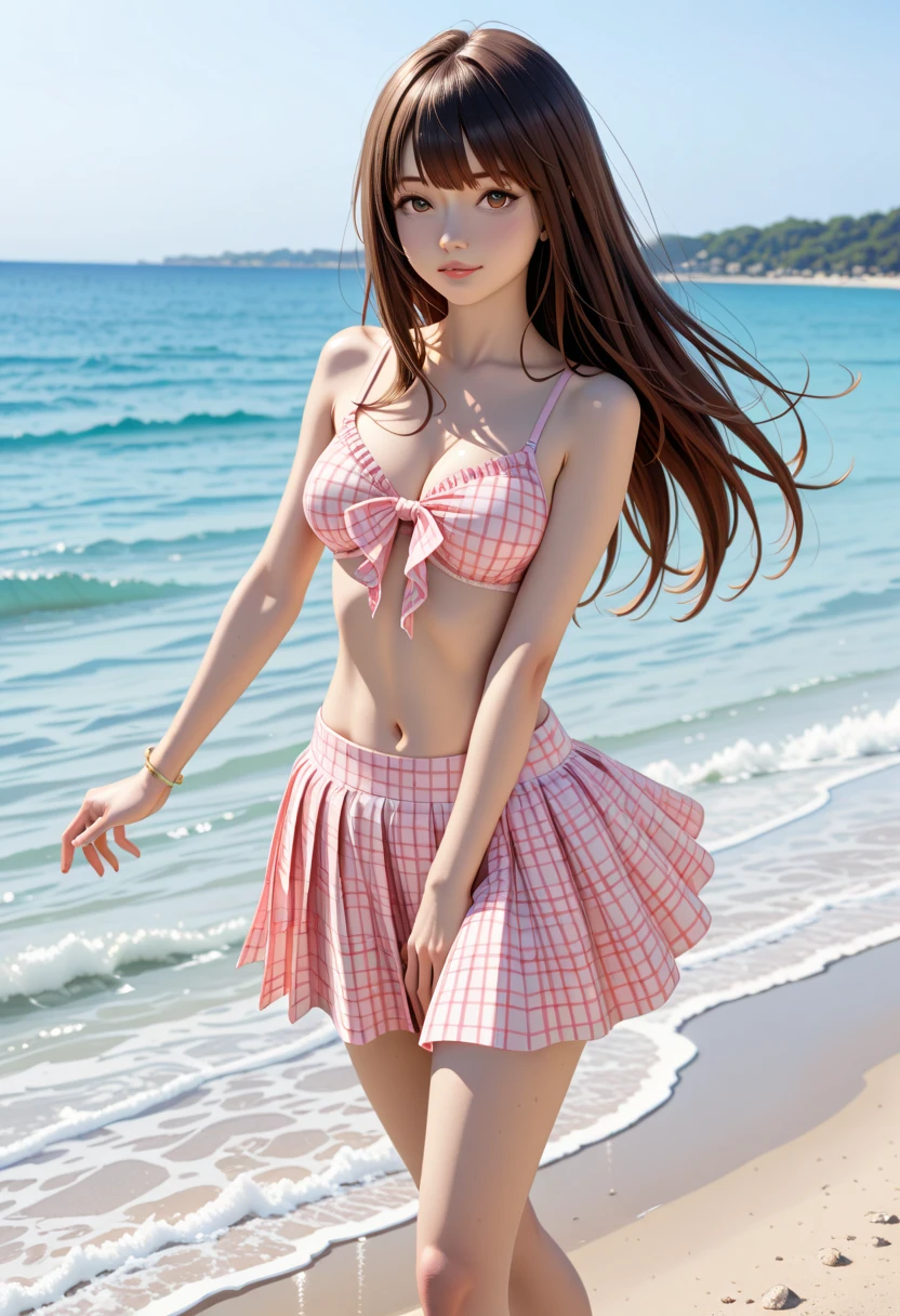 top-quality、超A high resolution、(Photorealsitic:1.4)、（女の子1人）、（Waveside 1.5）Bikini Girls　cute little　Model body type（Super Big 1.8）　（Long hair that grows to the waist 1.2）（Ponytail 1.3）（Curly hair、half up）hi-school girl　（Colorful high-leg bikini 1.5）（High-leg bikini with cute pattern 1.5）（Sexy high-leg bikini 1.2）（large full breasts）Pose in front of the camera　Stand in the center of the image　（Full Body Gravure 2.0）Looking at the camera　Honeycomb Smile　Gentle smile