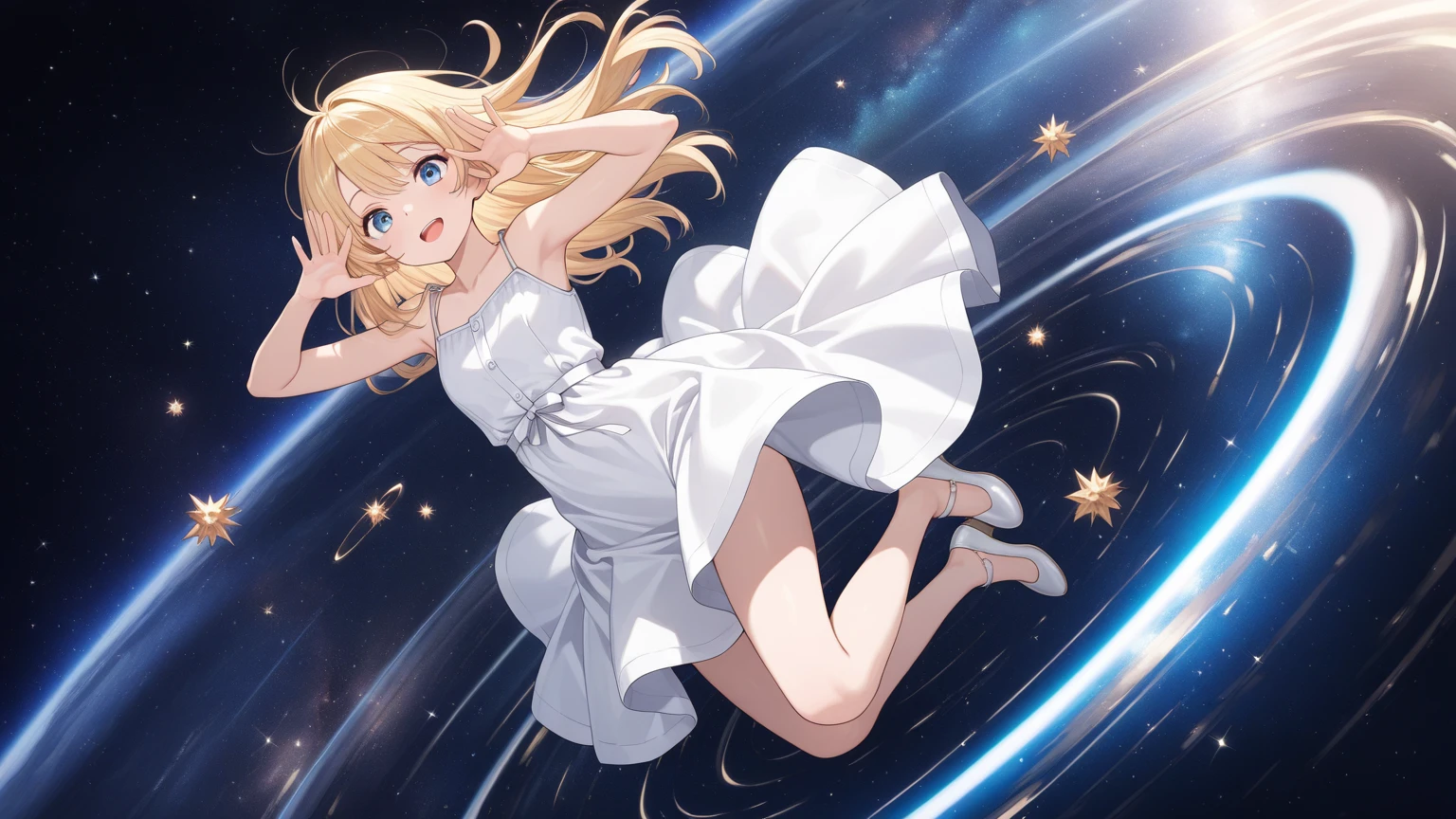 photo realistic, photo realistic, photo realistic, (masterpiece, best quality:1.4), (8k, raw photo, photo realistic:1.2), Not Safe for Work, detailed skin, detailed face, 1girl, Japanese idol, cute-face, Child, petite,
( sitting on the outer space grasping one's eyebrows), (((Hugging the earth))), blonde hair, Wavy Hair, blue eyes. semi-long, mini skirt, White Panties, (light blue apron dress), beautiful eyes, Sparkling, 14age, braided bangs, kanzashi, full body,
Beautiful scenery, ((outer space)), void of space, in the galaxy,
planets of the solar system, high resolution, night view, pretty fingers, beautiful feet, small breasts, colorful stars, many ball of light, Fantastic, beautiful stars, full body shot, countless lights, many Orbs,