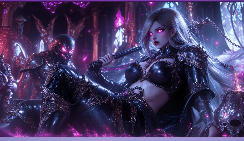 1girl, (solo), elf, long asymmetrical hair, white hair, long pointed ears, ((purple eyes!!)), serious, blushing, (medium breasts), dark skin, (knight), chainmail, plate armor, sitting on throne, crossed arms, medieval castle behind, medieval castle town, (days), (very sexy body, detailed face, detailed eyes, masterpiece, highly detailed, 8k, best quality, vibrant colors, digital art, concept art)