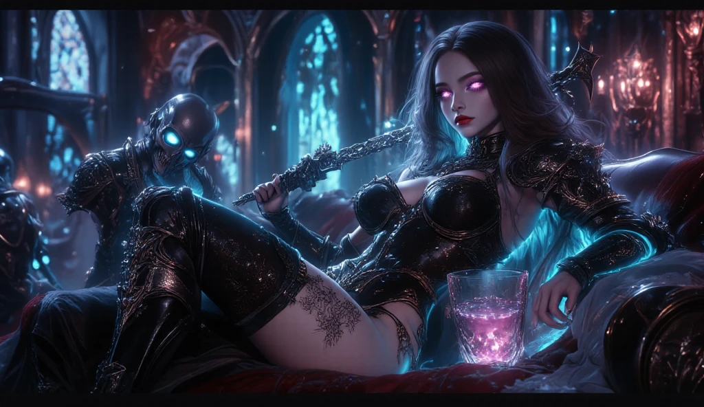 There's a woman dressed in latex leotard sitting on a throne and holding a glass of blood, calice glass, vampire aesthetic, dark aesthetic, goth aesthetic, creepy, ominous background, dark atmosphere, cinematic, best quality, ultra detailed, photorealistic, masterpiece.