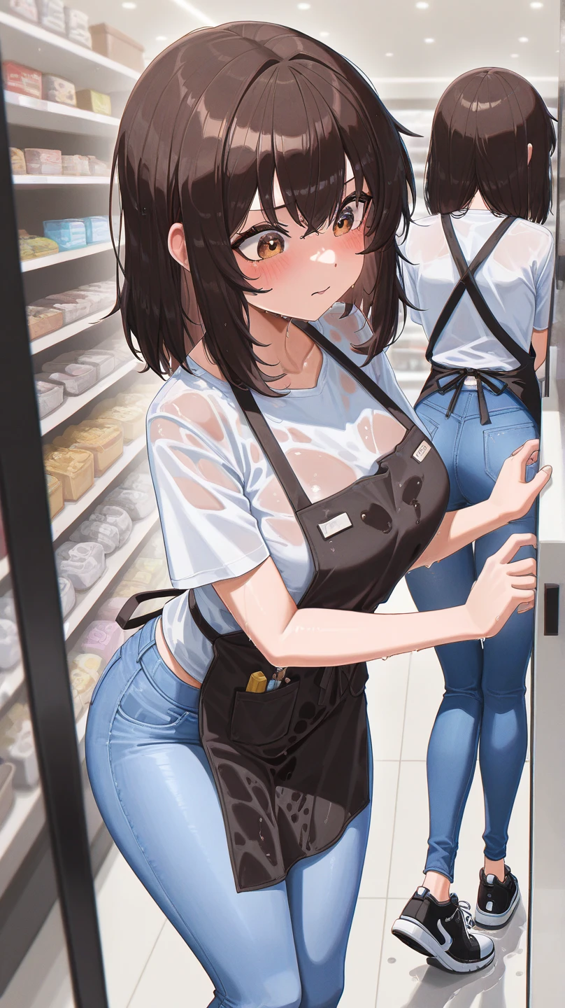 One Woman、Many people々、cash register、beauty、Convenience store uniforms、FamilyMart Uniforms、Large number of guests、コンビニclerk、clerk、Age 25、Looking down at the viewer, ponytail、All fours pose, Highest quality, Focus on the thighs, smile,panties、Plump thighs、big Ass、big 、 Black Hair,My thighs are steaming between my legs 、Sweaty Pantyhose、パンストの下のpanties、Sit at the counter、Angle from directly below、使用済みpantiesを手に持つ、Entice guests、share、pantiesを客に渡す、Acme convulsions、Obscene sound effects、Naughty sound effects