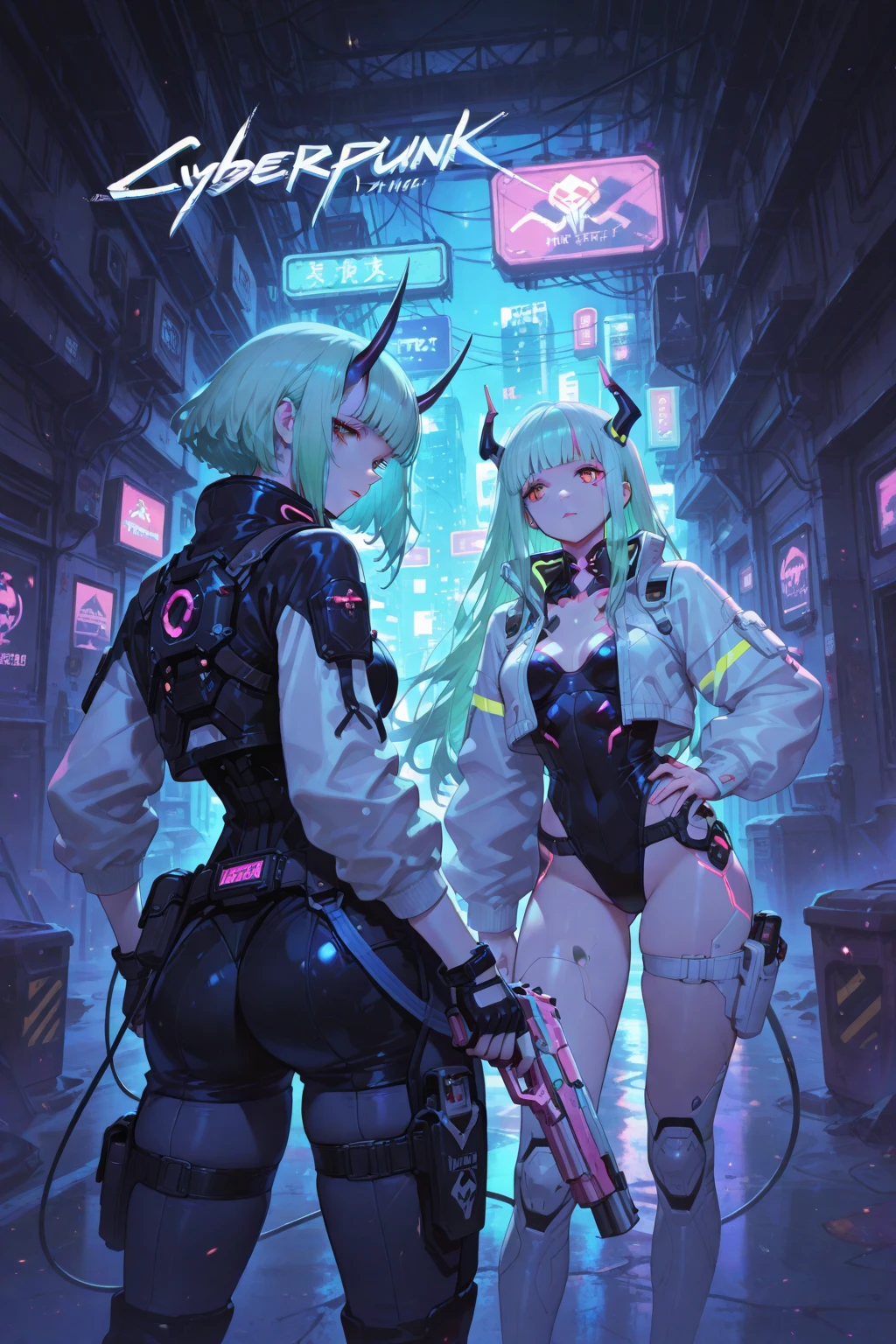 work of art, best qualityer, ultra detali, illustration, epic lighting, film composition, 1 girl, cute, red sclera,red pupils, cyborg, tatoo, hair green, colored fur, breasts small, Black jacke, standing, legs apart hands with black gloves with yellow details, lovely gaze, captivating pose, trunk:1.1, gazing at viewer, pretentious smile, cloused mouth, plein-air, citys, cyber punk, neon lights, Street, (natta, tenebrosa, tenebrosaness, tenebrosa como breu, eyeshadows:1.4), (8K:1.1),