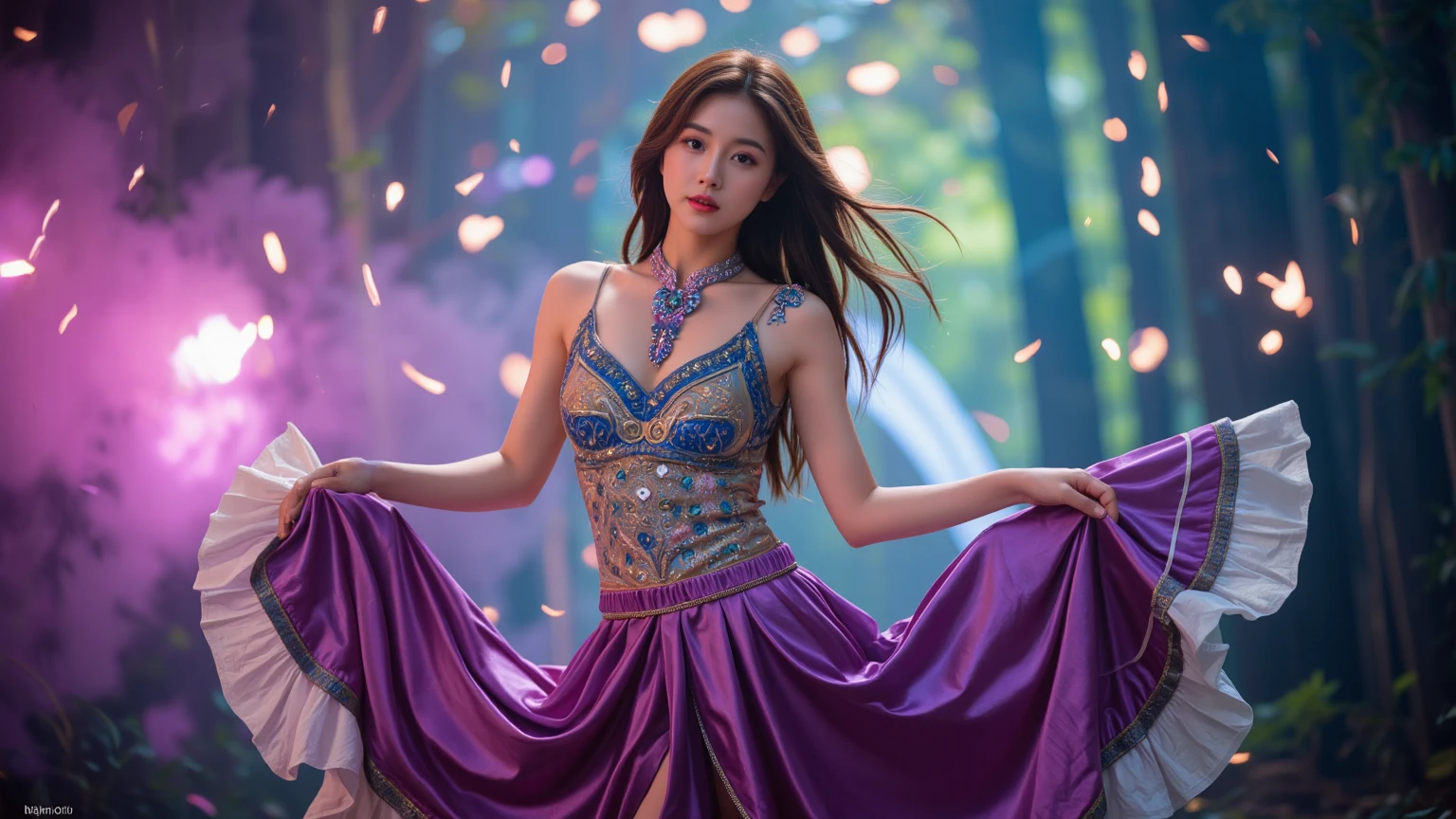 (​masterpiece、top-quality)、high resolution details、foco nítido、(Photoreal Stick:1.2)、1girl、Cowboy Shot、(The liveliness of the girl and the beauty of the flowers are seamlessly blended:1.1)、(As she dances through a kaleidoscope of vibrancy of flowers and curvaceous beauty、Flowers react、Reflect her movements in a captivating fractal design:1.3)、
