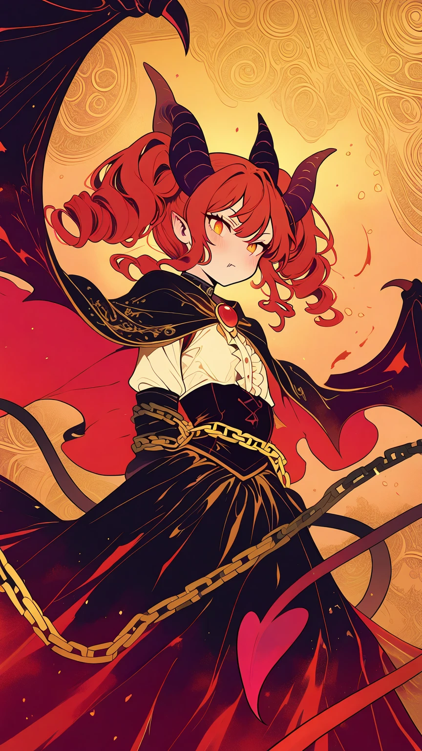 masterpiece, best quality, amazing quality, very aesthetic, newest, Succubus Girl、punky、Rockin'、Gothic、dark cloak、Devil Wings Growing from the Side of the Head、Red Hair、drill hair、Yellow pupil、The pupil is vertical、Devil's Fang、female kid face、Bad Provocative Expression、 looks down on you、Pride、flat chest、wiggle the tail with the hand in front、Black Chain、Chained Pose、、Put your arms together、bending knees、Sealed Succubus、Bust Up Shot、close-up、The golden ratio、Artistic Background, flat color, High Sense Line Art