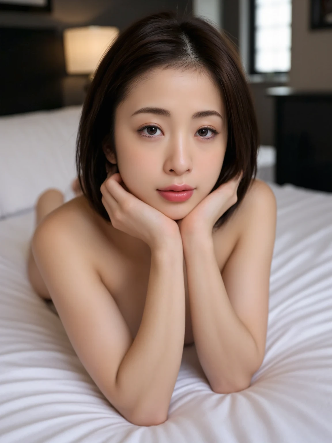 highest quality、Ultra-high resolution、(Realistic:1.4)、((Full nudity))、Beautiful Eyes、Beautiful breasts、Realistic skin texture、Thin pubic hair、NSFW, 8K quality, 8K Ultra, 10x more pixels、Highly detailed cute face、Detailed lips、Fine grain、double eyelid、Natural Makeup、(Kind eyes)、(Cute Girls)、Perfect balance、Small tangled naked short hair、Beautiful nipples、Bedroom、(())、((Very soft breasts))、((Realistic skin type))、((Realistic Skin))、(Saggy breasts)、((I have very vigorous sexual intercourse))、()、(Climax hard)、(Camera angle looking up from below)