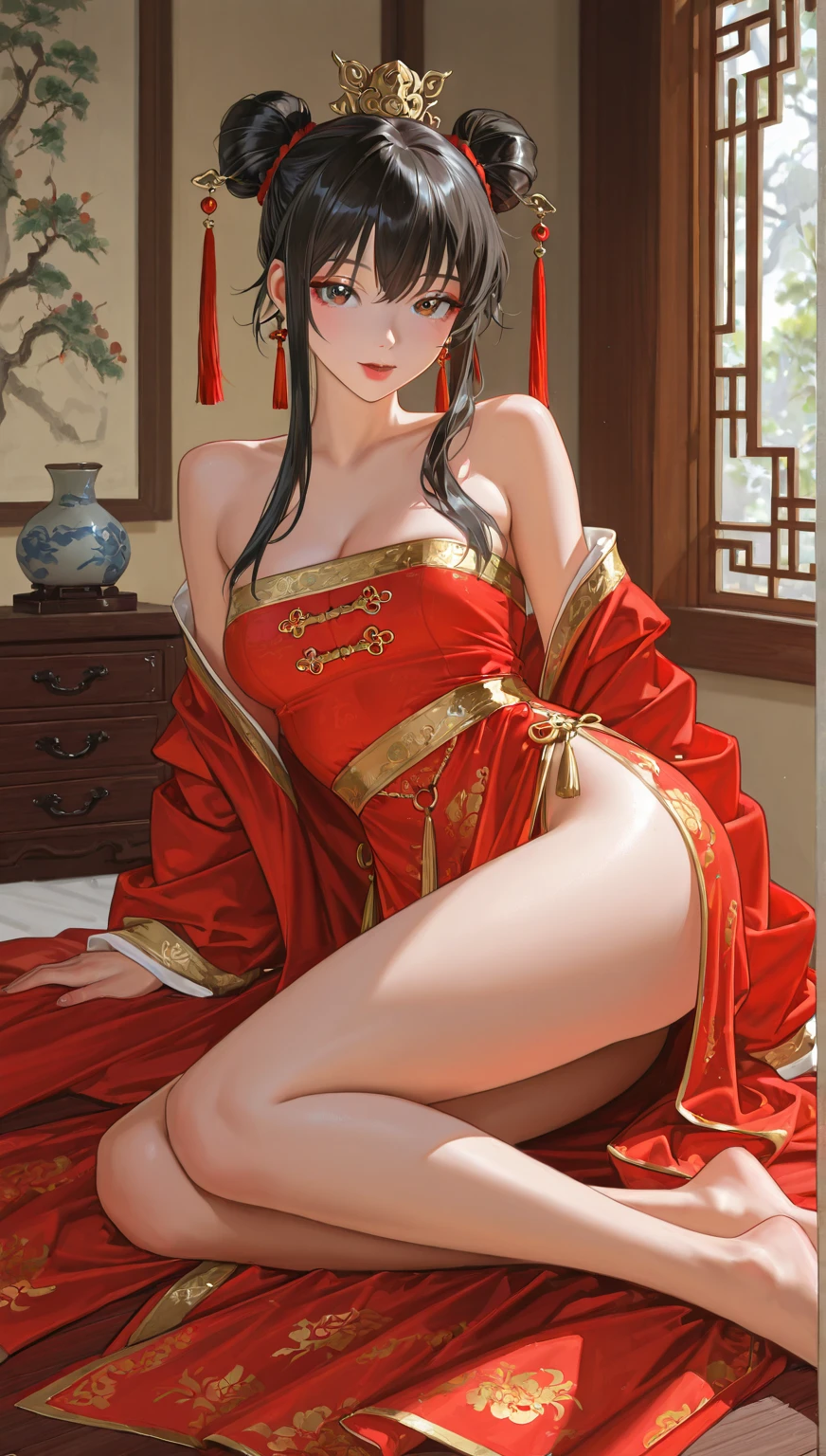 ((high-definition Chinese traditional ink image, gorgeous-hanfu)), eyes realistic sizing, drooping eyes, smiling, ((spread legs, standing and straddling to hit her crotch on a corner of the table for masturbation)), ((pubic hair, large areolas, orgasm, intense mating)), old fashion, open mouth, 