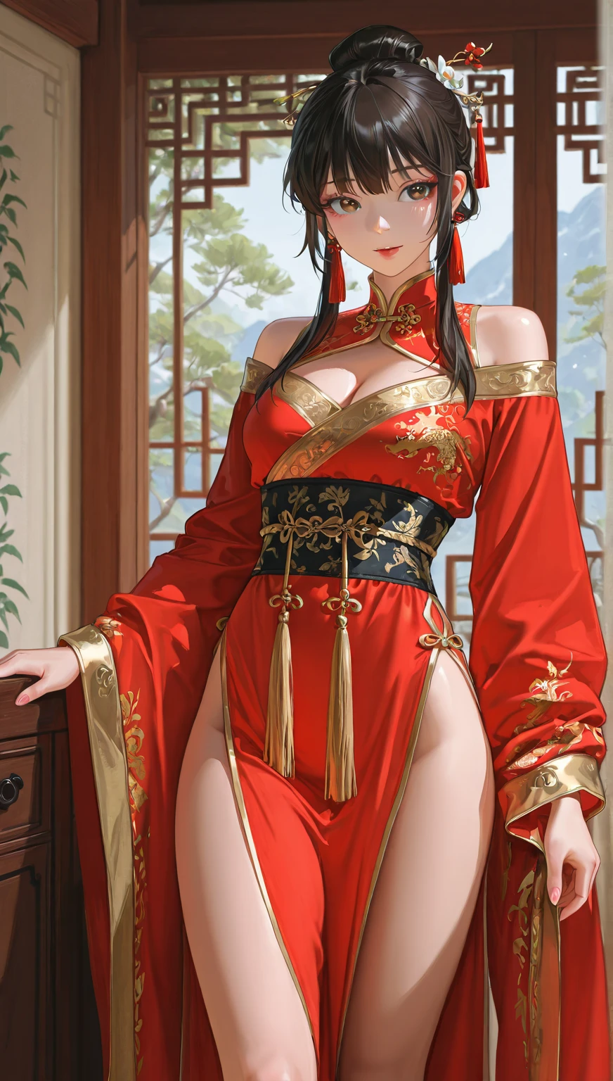 nighttime,full body,KOF:Mai Shiranui ,(((Wearing Transparent ancient Chinese palace embroidery clothing;Golden lace))), Jewelry ,Elegant sitting posture,Masterpiece,best quality,official art,extremely detailed, 3D, Cinema 4D,8k,photorealistic:1.4, ( ##color-tattoo ##,color-tattoo, ~+color-tattoo),(Perfect female curves, huge stacked breast),(A seductive gaze), Facing the camera, Pink lips,Delicate fingers and hands,magic hour, Rembrandt lighting, front lighting and fill lighting, hard shadow,