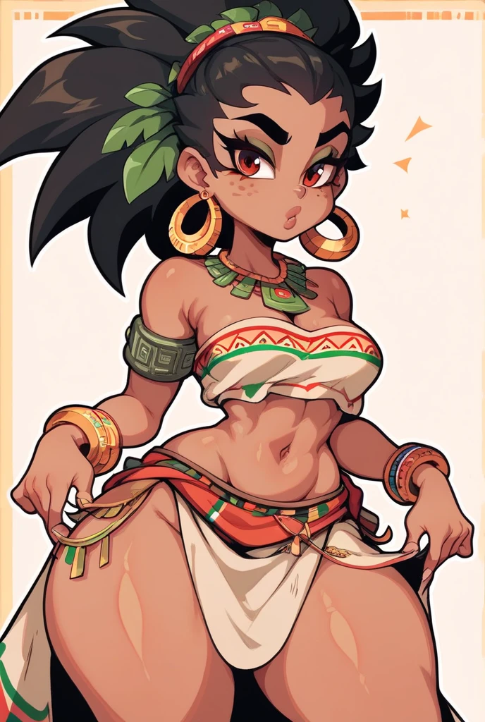 1 girl, (dark skinned female, black hair:1.3), black eyes, tribal girl, tribal accessories, naked, tribal tattoos, smirk, Island background