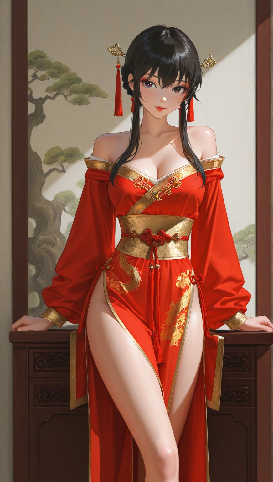 The Empress is standing naked, without underwear, showing her large breasts, hairy lower abdomen, and pubic hair.、
Her hair is tied up and pulled up with a gorgeous flower ornament on both sides.、The background of the crowning of the Qing Dynasty empress is the stone paving outside the palace of the Qing Dynasty China.