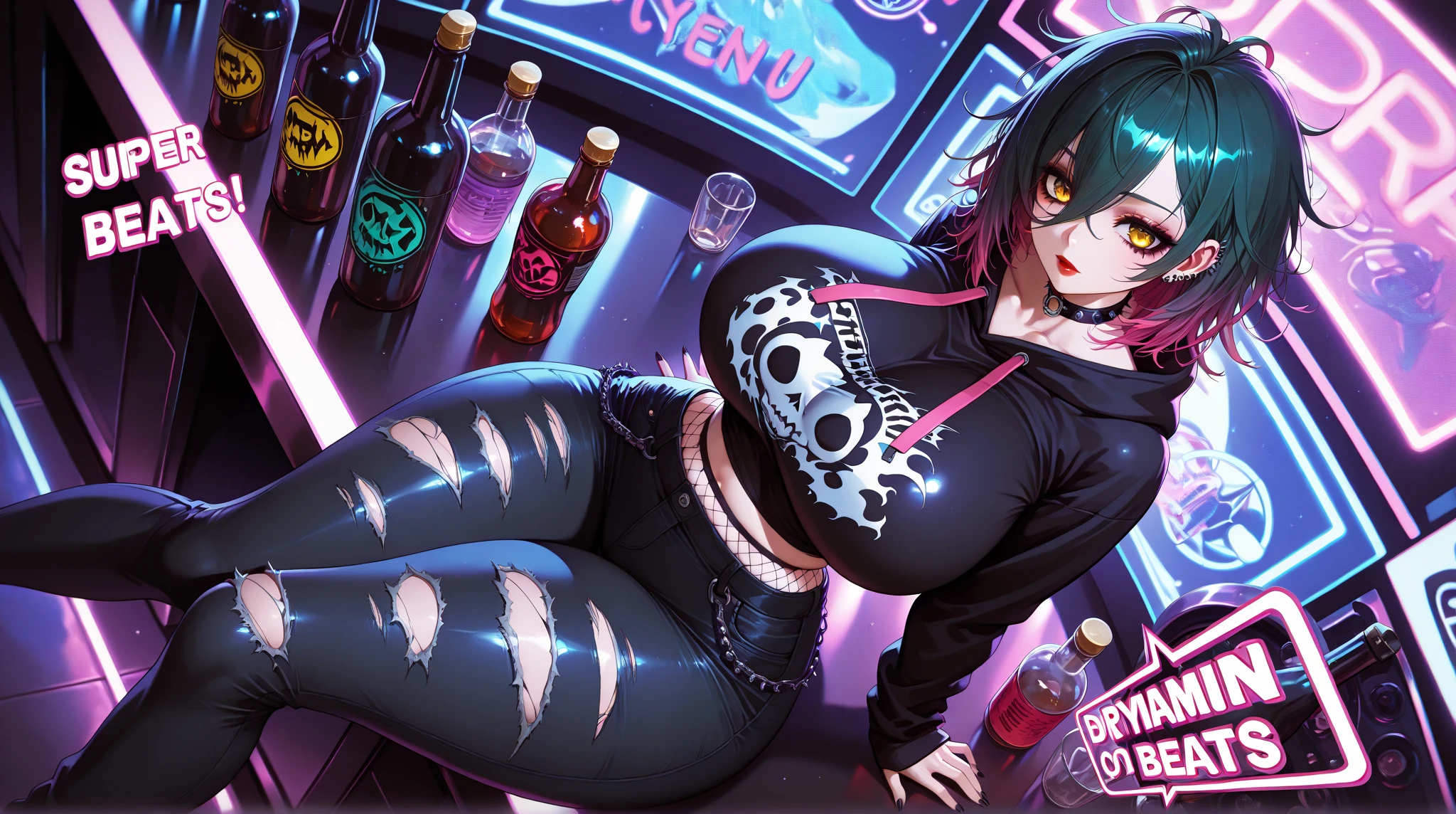 Punk trad goth,  black hair with bits of blue, hair is short, hair is styled, punk outfit, black lipstick, galaxy, night, grey eyes, chubby body, chubby girl, elf ears, fangs, pointy ears, fishnet, thigh highs, black outfit, choker, ahegao face, lips are colored black, lipstick black, chubby waist, chubby thighs, thick body, black nails, tattoos, facial piercings, nose piercing, ear piercings, chain jewelry, bracelets, leather jacket, long hair, black lipstick, dark lips, hair length to hips, te illustration, ice cream, sweets, shimmer, iridescent, light particles, cake, strawberries, fruits, dynamic angle, glossy, shiny clothes, frills, 8k, smile, 3d, 3dmm, kitchen background, black kitchen, goth theme, Create an anime avatar of a Create an anime avatar of a black lipstick, fangs, Gothic outfit, punk outfit, facial piercings, ear, chain jewelry, choker, piercings, nose piercings, septum in nose, chubby female, chubby person, elf ears, overweight. Obese. Fat. Fat rolls. Stretch marks. Wide hips. Wide waist. Huge butt. Big breasts. 