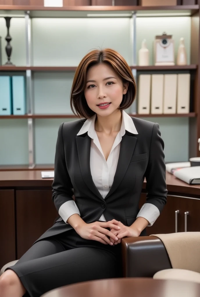 (Top Quality, Masterpiece: 1.2), Woman, Portrait, Japan Woman, 20s, Beauty, Office Lady, Office Lady, Gentle Smile, Tight Skirt, Knee Length, Black Business Suit, Camisole, Beautiful, Breast Chiller, Short Hair, Slender, Cute, Baby Face