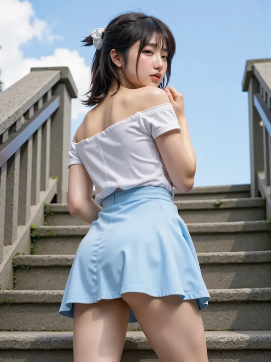 SFW, (Dynamic Angle), Looking Back Viewer, by a Telephoto Lens,
Short Bob Cut:1.5, Japanese, 20-year-old girl:1.5, Wide-Set Eyes:1.5, Brown Hair, Blush, Embarrassed, Very white skin, Open Mouse Slightly, Medium ASS, Small Breasts, Laughing:1.2, ((School Uniform:1.0)),
(8K, RAW Photo, Best Quality, Masterpiece:1.2), (Realistic, PhotoRealistic), (Extremely Detailed 8K Wallpaper), Anatomically correct:1.5, (Beautifully Detailed Eyes, Finely Detailed Face),
(Sunset Glow, On Deck, ((Port Town:1.2)), Many Small Islands:1.0, (Many White Steep Staircases in the Mountain:1.5), (Temples existing Halfway in the Mountain:1.2), (The Big Bridge which Connects Islands),
from Back:1.2, from Below:1.2, from Side:1.2, Full Body,
((Professional Lighting))