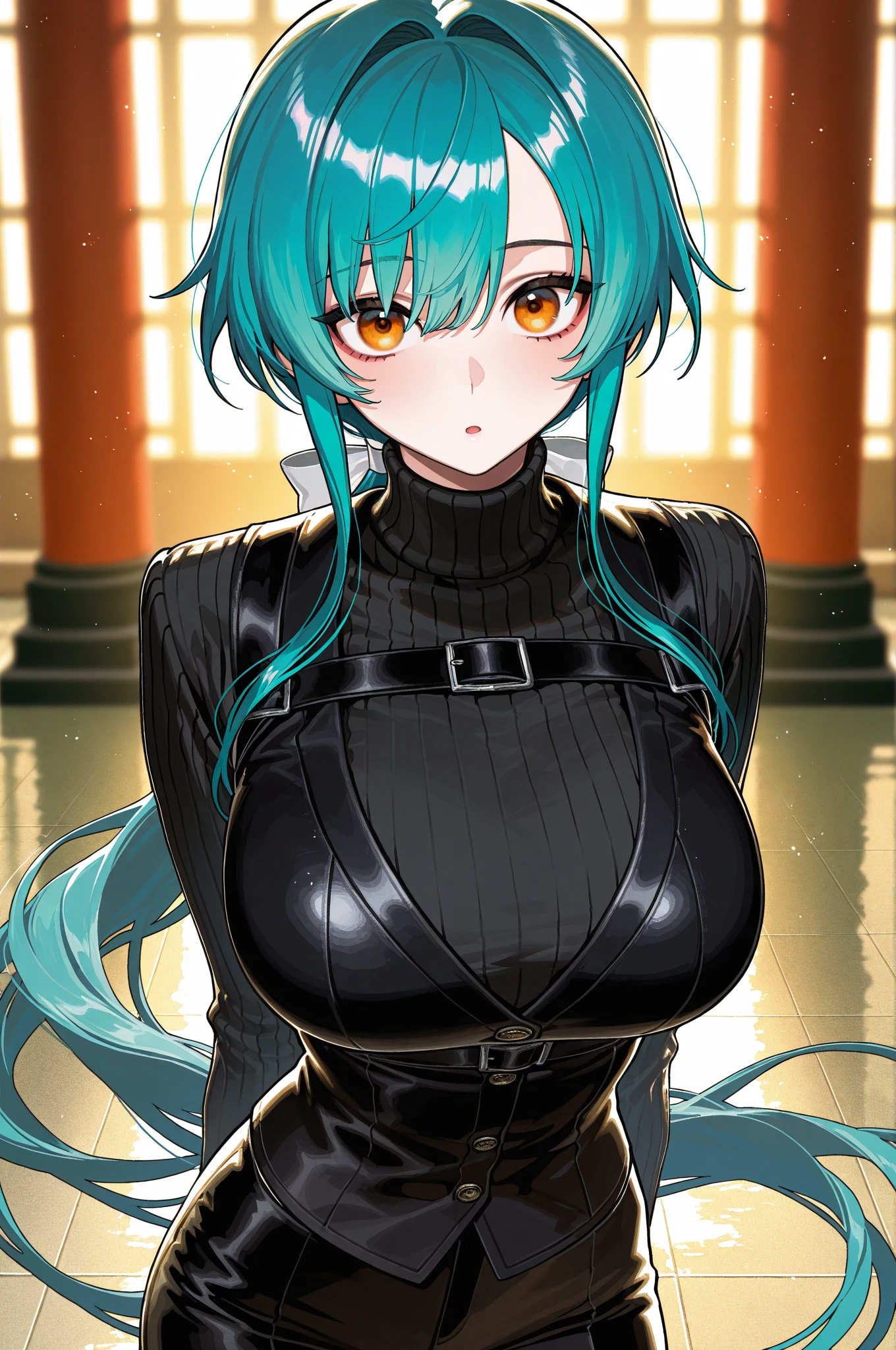 professional artwork, Intricate Details, field of view, sharp focus, detailed painting, photorealistic lighting, trending on pixiv, Standing at attention, black outfit ,yellow collared shirt,black and red bodysuit,skin_tight,black legwear, black pantyhose, Side_boob, black hair,very long hair, Bangs,yellow eyes,makeup, lipstick, 20yo,mature female,Beautiful Finger,Beautiful long legs,Beautiful body,Beautiful Nose,Beautiful character design, perfect eyes, perfect face, looking at viewer, NSFW,official art,extremely detailed CG unity 8k wallpaper, perfect lighting,Colorful, Bright_Front_face_Lighting, (masterpiece:1.0),(best_quality:1.0), ultra high res,4K,ultra-detailed, photography, 8K, HDR, highres, absurdres:1.2, Kodak portra 400, film grain, blurry background, bokeh:1.2, lens flare, (vibrant_color:1.2) (Beautiful,large_Breasts:1.4), (beautiful_face:1.5),(narrow_waist), (solo:1.4), ((landscape dimension)), annerose, classroom
