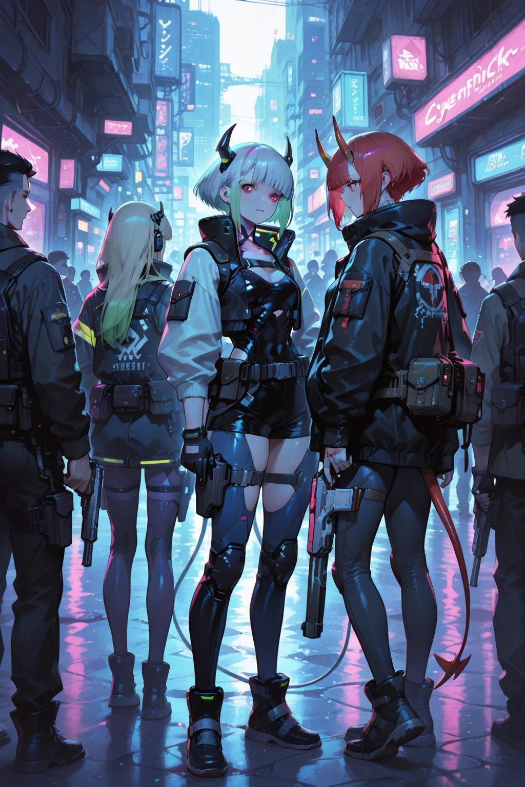 High resolution, Winner of numerous awards, Ultra high definition, Textured skin, Retina,
masterpiece,(bestquality),highlydetailed,ultra-detailed,4girl, (Four gangster girls posing with weapons.:1.4)(gangsta paradise:1.2)(robot)(cybercitylandscape:1.2,natural lighting:1.5,confidentexpression),(Dramatic Angle:1.2)angle、(Beautiful girls in mafia suits:1.5)(Point your cyberweapon at me:1.6)(Focus on girls、Close-up)
