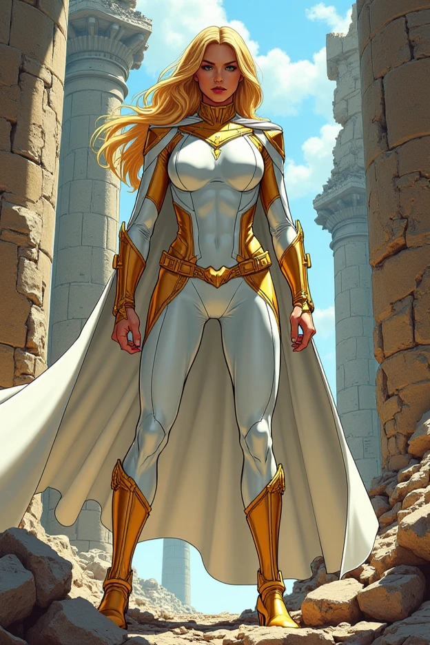 score_9, score_8_up, score_7_up, score_6_up, score_5_up, score_4_up, Sexy, Superheroine, blonde hair, green eyes, long hair, busty, ((White highleg leotard with a t-back thong)), gold belt, gold cape, thin white headband 
