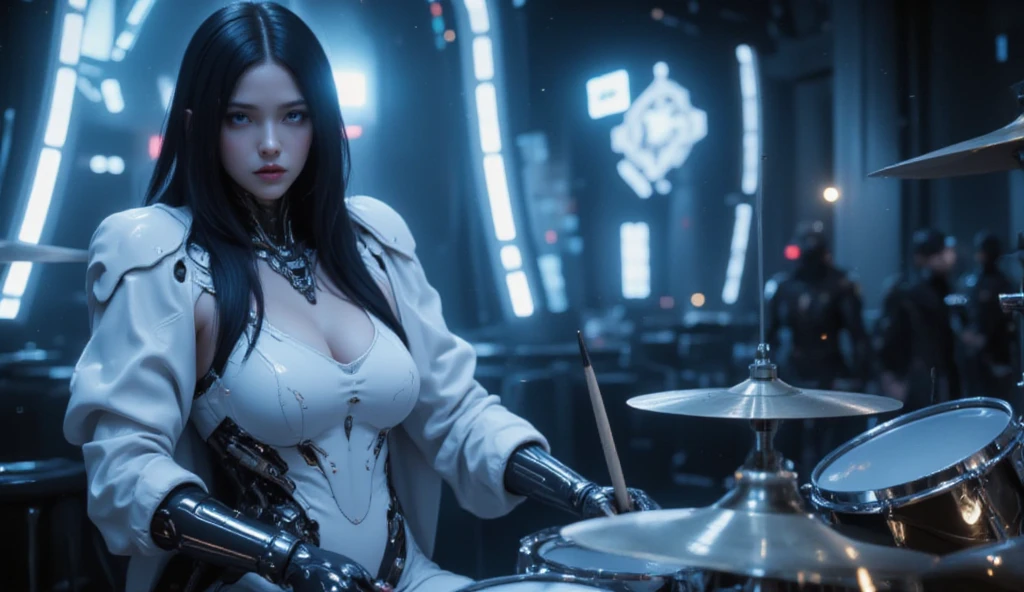 Enchanted woman happy to raise her hand　Perfect beauty　Beautiful white skin　Beautiful eyes　Lustrous lips　lovely smile　wink　Dark hair　He wears a thin spacesuit designed in white and black that sticks to his body.　holding an electric guitar　Functional　head phone　Inside the spacecraft