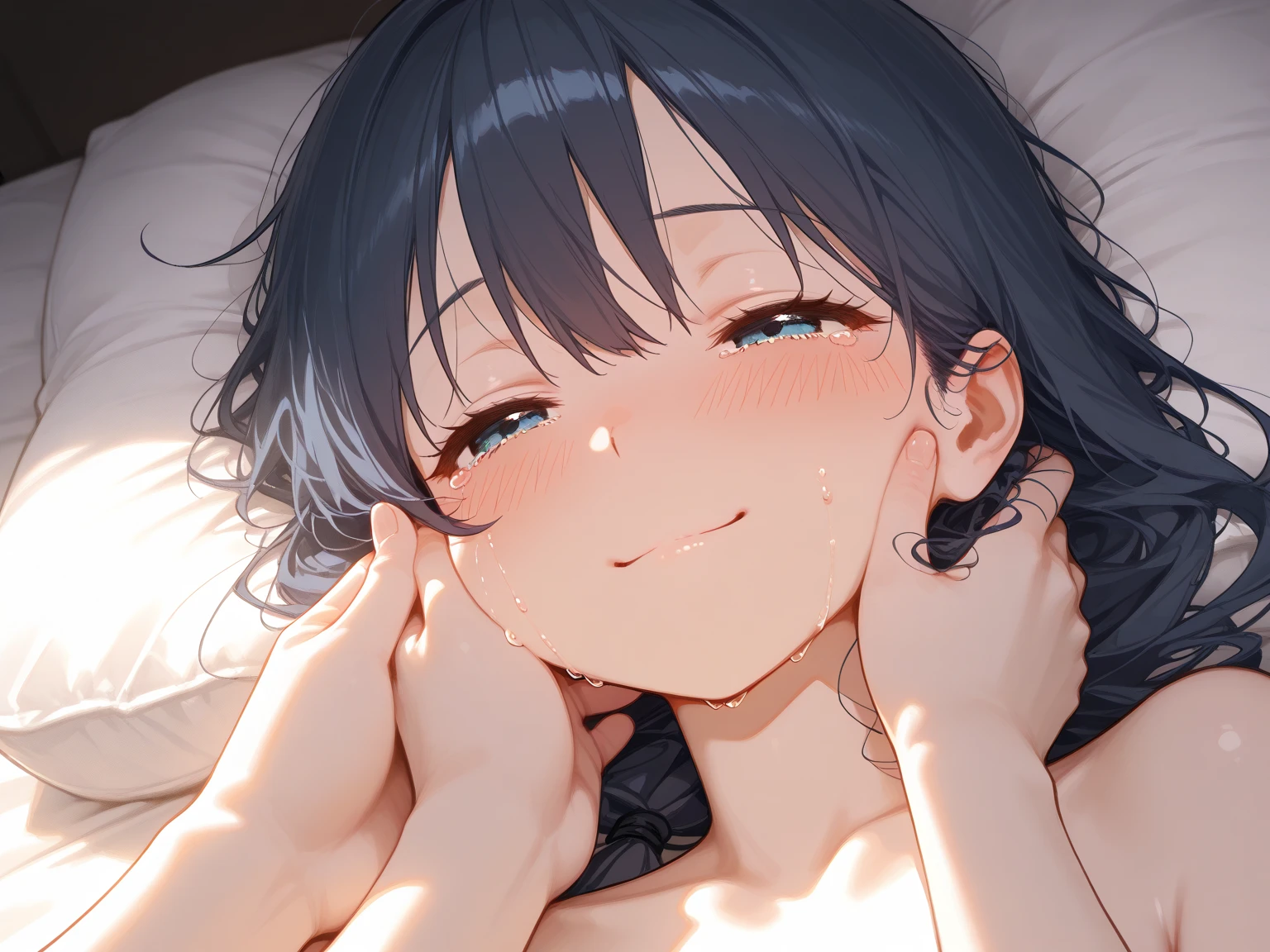 SoraBase, long hair, star hair ornament, hair ribbon, blue eyes, blue vest, sleeveless shirt, red ribbon, ,(masterpiece),(best quality),(ultra-detailed),(best illustration),(best shadow),(absurdres),(detailed background),(very aesthetic),1girl,dim lightning,in bedroom,orgasm,horny,looking at viewer,in heat,,heavy breath,shiny skin,sweat,,,aged up,ohogao, teary-eyed, drool, half-closed eyes, , ,drooling,portrait,face focus,close up face,saliva trail,front view,looking at viewer,(after kiss),from above,chin grab,pov,holding chin,1boy,wide hip,look up,happy,all fours,,full_body,legs,hip,back,spines,hip,1boy,boys arm,boys hand,happy,satisfied face,holding chin,open vest,open shirt,black lace bra,