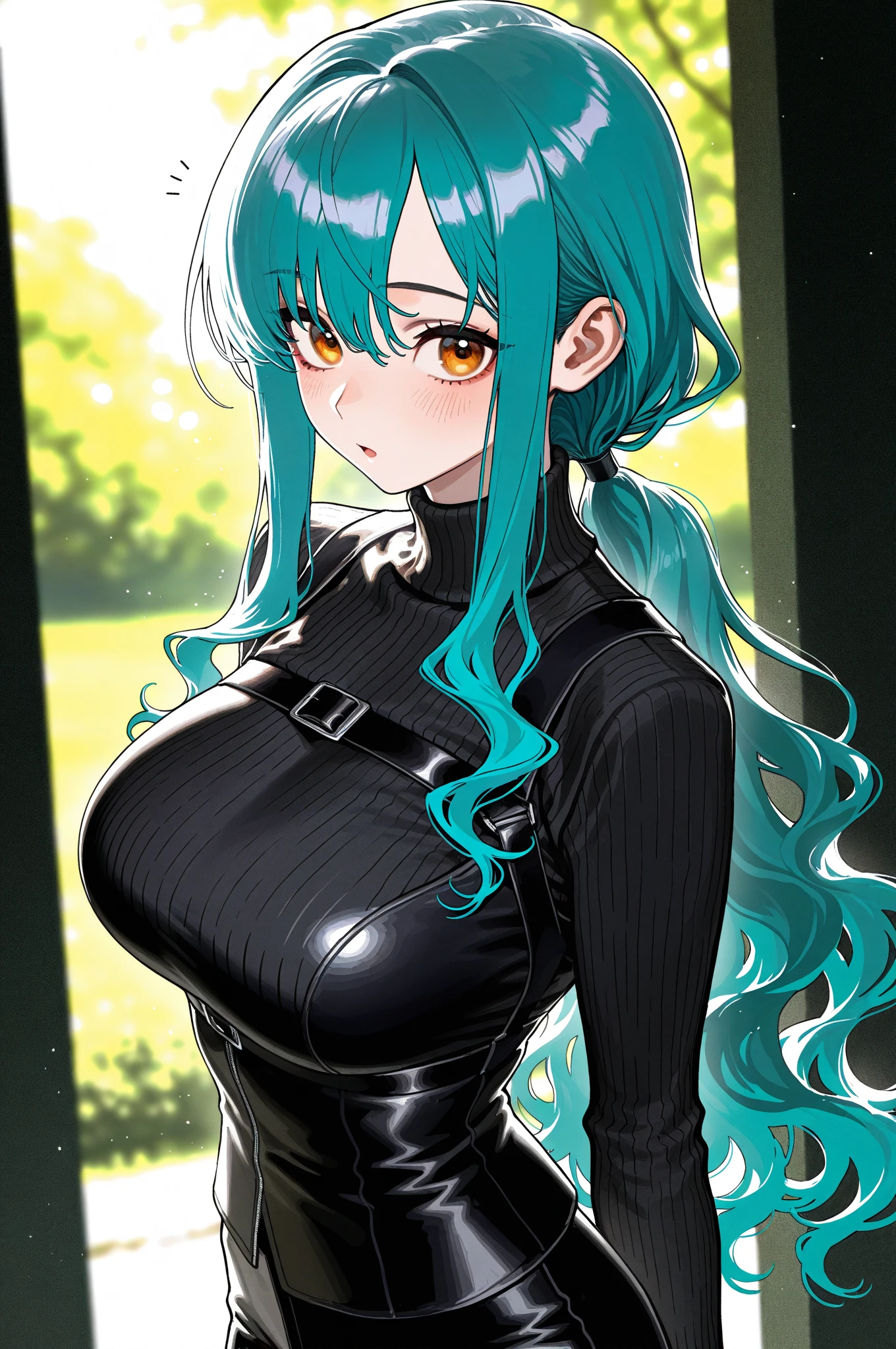 One girl、Green Hair、tall、slender、Big Breasts、Unfriendly、forest、river、
