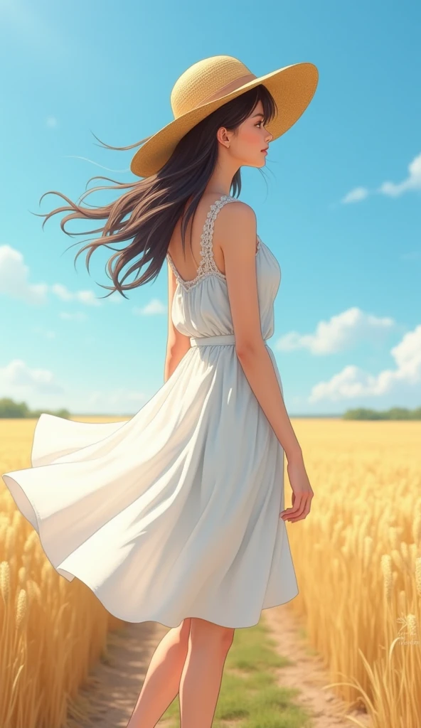 masterpiece,((Clear lines)), Limited edition palette,Highest quality, Flat Color, Low contrast, Photo quality、One girl,20s、whole body,Highly detailed face, Beautiful attention to detail,Light on the face,Cinema Lighting,View your viewers,Outdoor,Black Hair,White long dress、White high heels、Eyes of Cut-off、Single eyelid、Walking along the field path、A sky with cumulonimbus clouds in the distance、End of Summer、