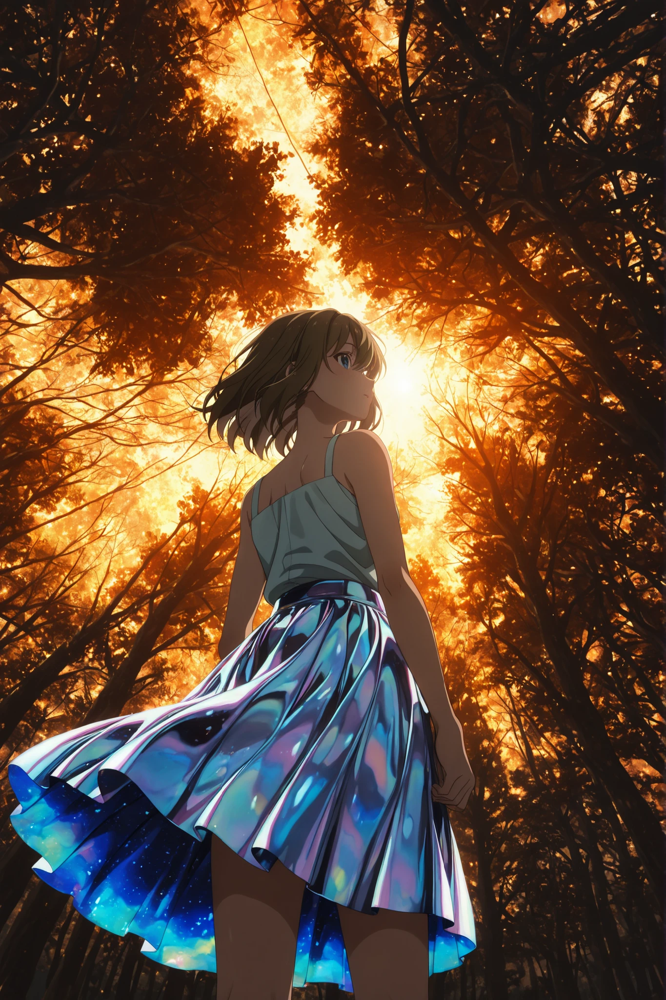 Anime style, Summer Skirt, A soft skirt fluttering in the summer breeze, 1gilr no campo de trigo dourado onde seu corpo esta se desintegrando como parte dos trigos, {Extremely detailed 16k CG wallpaper}, expansive landscape photography, (low-angle view focusing on character and setting), (wide-field view), (low-angle photography), (high light: 1.5), (low light: 1.4), (warm light source: 1.8), intricate details, (iridescent colors: 1.5), (bright lighting), (atmospheric lighting), dreamlike, aesthetic