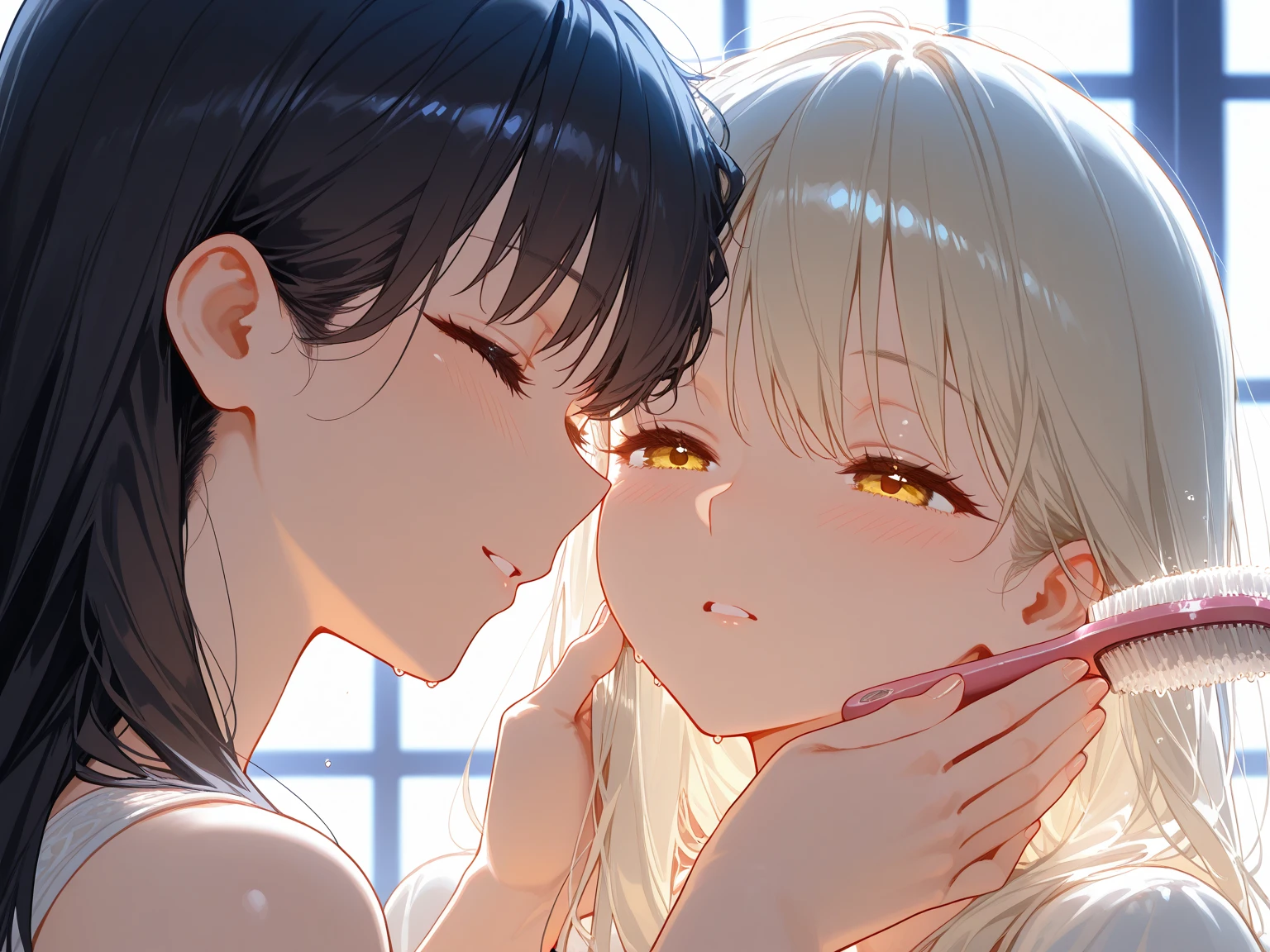 (Best quality, 8k, 32k, Masterpiece, UHD,:1.2),RAW, (((2girl))),ultra cute , natural lighting,transparent shining eyes, 20yo ,fair complexion, (ecstasy:0.8) ,(slut:0.8), (vulgarity:0.8), (fucked silly:0.8),(steam:0.8),(trembling:1.3)),((Nightgown )) , ((White backgroud)), face Closeup, Closeup face, head shot, Cleavage, shiny, kiss, kissing, French braid