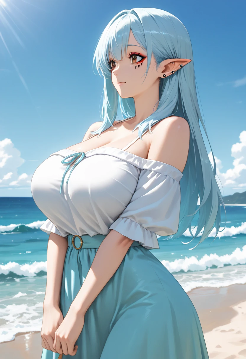 Highest quality、Highest quality、masterpiece、(8K resolution),beauty(Age 25)、(Mature Appearance)、Light blue long hair(Braiding of sides)、blue eyes、(Detailed embroidered underwear)、(Elf)、Big cleavage、((Big Breasts))、smile、blue necklace、Blue Earrings、background(Beach)、Please open your mouth wide、bracelet、Dynamic pose、Blue choker、