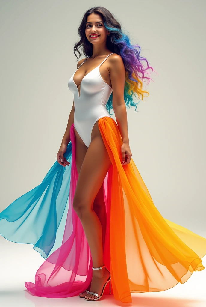 with a glowing kaleidoscope effect, a beautiful infonesian woman with long flowing textured neon blue hair flowing like waves in a flowing dress of sparkling neon purple and yellow light, dancing on the beach at sunset with a more vibrant sunset. She spins the hula hoop with a more sparkling and shining effect, huge breast, creating magical sparks. Tropical island, fantasy, magical, radiant, beautiful, flowing fabric, incredibly absurdres, ultra detailed, high resolution, realistic lighting, photorealism, hyperrealism,masterpiece,vibrant colors,stunning visuals,ultra skin texsture,stable diffusion,perfect ???????,crazy details