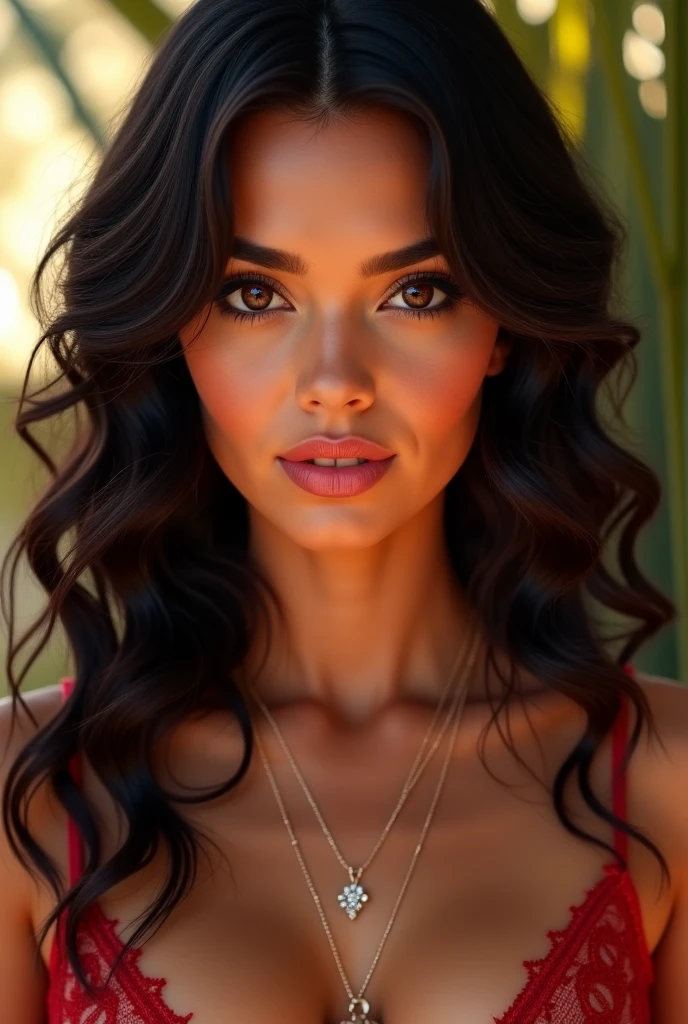 Une belle jeune femme d'origine colombienne pourrait avoir une allure captivante avec des traits marqués par la diversité culturelle du pays. Elle aurait une peau légèrement bronzée, douce et éclatante, reflétant la chaleur du climat tropical. Ses cheveux seraient longs, épais et ondulés, d'un noir profond, tombant en cascades sur ses épaules. Son visage, aux traits bien définis, arborerait des pommettes hautes, un nez fin et droit, et une bouche pulpeuse avec des lèvres pleines et sensuelles, d'un rouge naturel.
Ses yeux seraient grands et expressifs, de couleur marron foncé ou noisette, encadrés par des cils longs et épais, ce qui lui donnerait un regard envoûtant. Son corps serait voluptueux, avec des formes généreuses et harmonieuses : une poitrine pleine et ferme, une taille fine qui mettrait en valeur ses hanches larges et ses cuisses galbées. Sa silhouette en sablier serait parfaitement proportionnée, avec un port de tête élégant et une démarche gracieuse, qui soulignerait sa confiance en elle et son charme irrésistible.