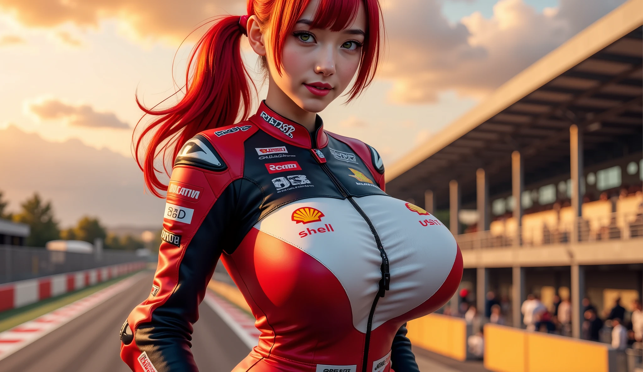 8k,超A high resolution,top-quality、masterpiece、The ultra -The high-definition、(Realistic in photos:1.4)、(1 milf)、(riding on motorcycle)、long-sleeve、(Sexy racing suit in leather blue and white)、(Red Bob Hair)、(wetting hair)、ultra detailed human face、ultradetailed teeth、red lipsticks、circuit、Race bikes、enticing,large full breasts,A seductive gaze,Riding a motorcycle,The chest is open