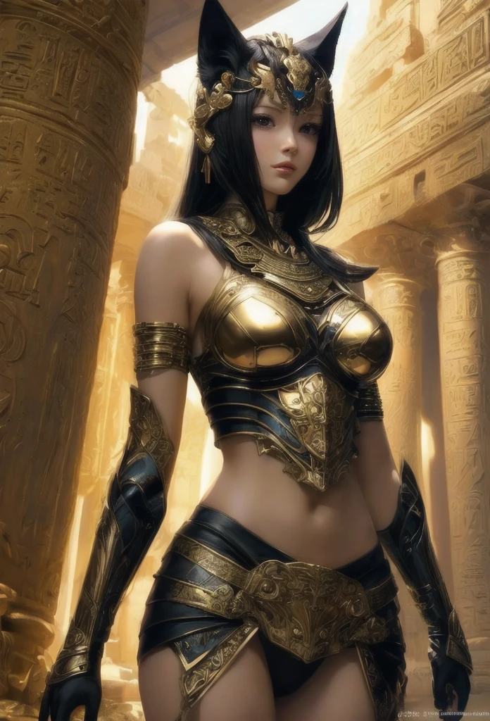 (detailedsに描かれたイラスト,Very detailed and detailed drawing,Delicate lines with slow and rapid,Realistic texture expression),[Color tressed main line],[ruins background [Ancient Egypt]], (Anime Girl (Beautiful fece) sixteen years old) cyborgs [(skin tanned) [Lustrous black hair]],((Bastet) Beautifully decorated golden cyber armor) ([Complex decorative processing] [elegent],Gorgeous golden luster (Polished reflective luster)) [Gorgeous and luxurious],gravure,[Oparts Lost Technology [Hierograph]],(複雑でBeautiful fece装飾 [Dense detail]),(きめ細やかでBeautiful fece肌表現 [Transparency]),[完璧な目のdetaileds (Iris beautifully drawn in every detail)[Eyes Like Gems]],[長くてBeautiful fece睫毛],[Densely drawn hair [美しく艷やかな髪のdetaileds]],(完璧な手のdetaileds [破綻のないBeautiful fece指 [Beautiful nails]]),(Perfect ???????(Perfectly proportioned))[[Full body like]],[[Design built to the highest level]][Ideal color coordination(Accurate simulation of light-material interactions)],([Precision Detail](detaileds,high-detail)),[Visual art that conveys a sense of narrative].