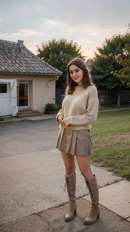 A high resolution, photorealistic, 4k image of a girl in a city, standing on stairs and looking up, with a strange panicked smile on her face, her skirt being lifted by the wind to reveal her panties. She has medium wave brown hair with bangs, beautiful brown eyes with realistic eyelashes, a detailed face with a hint of blush, and a smooth, realistic texture. The girl is wearing a black jacket over a white shirt, a brown cardigan, and a black skirt. The whole body is visible, and the angle is dynamic, capturing the scene from the bottom of the stairs.