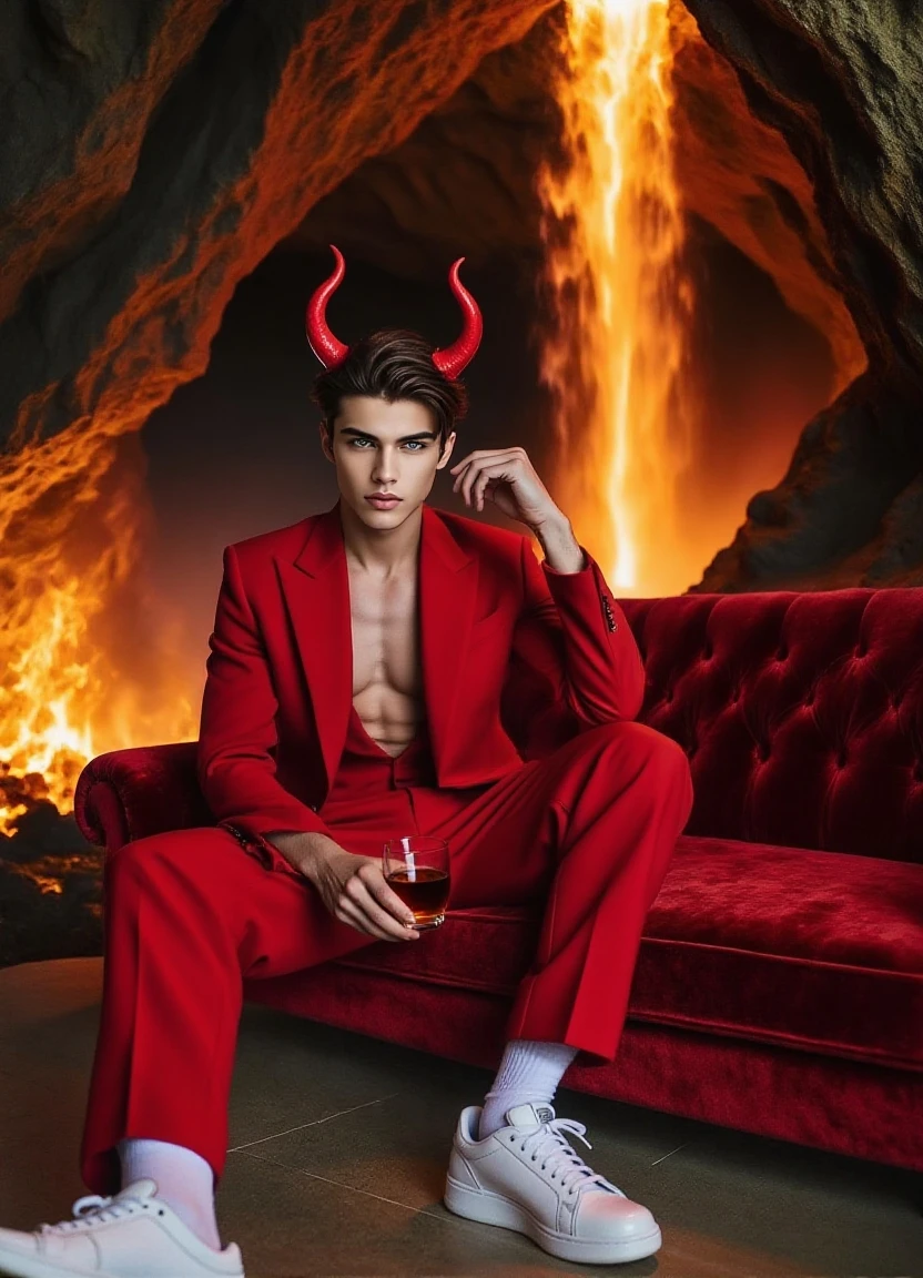 A man with a masculine face, pinkish white skin, a body structured like red underwear, natural red curly hair , very handsome short man sitting on a golden throne with two other young men beside him with chains around their necks like the devil card in the tarot, with a crown on his head with deer antlers