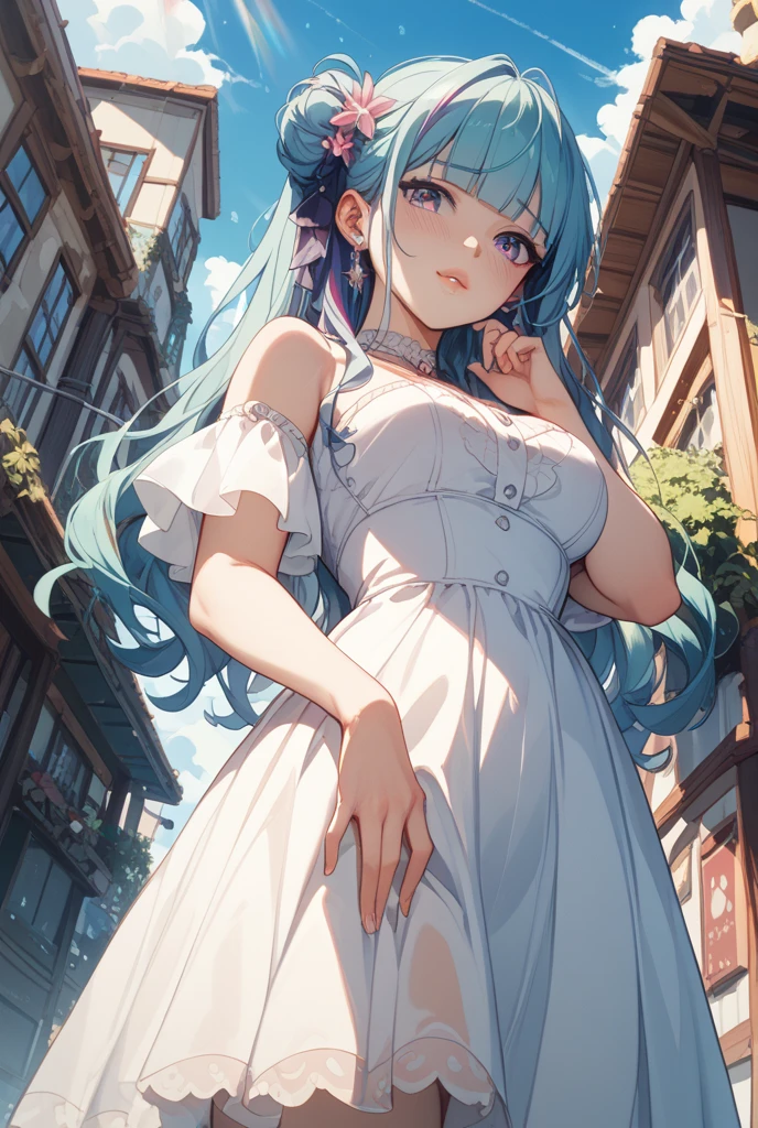 1girl, Elsa,Frozen,disney,dress,street,perfect eyes,masterpiece,very aesthetic,newest,sensitive