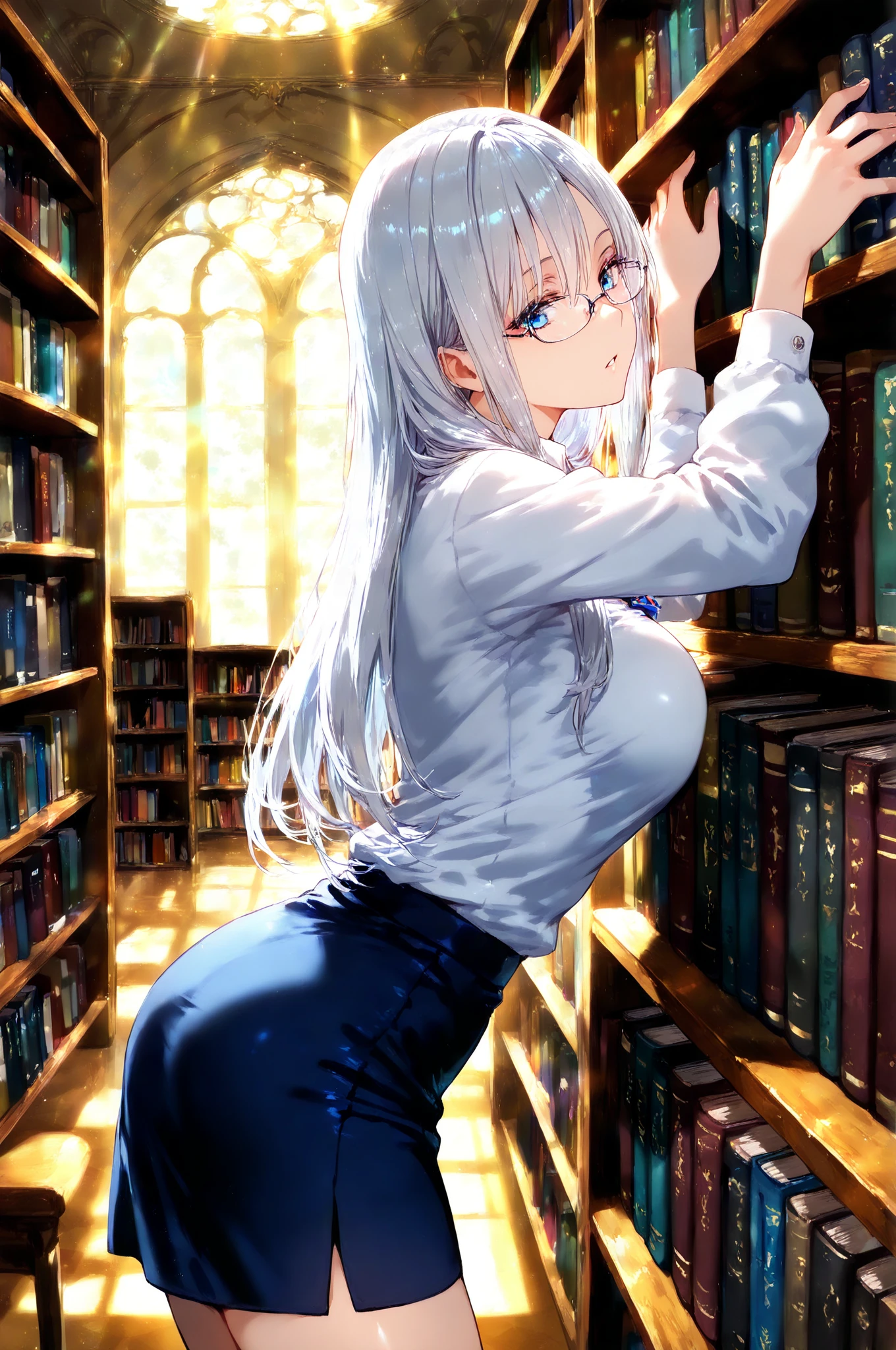 best quality,4k hd quality,perfect quality, high resolution, 1girl, There is a dark skinned, white haired female, very long hair, the background is a library, she is reaching for a high up book, while she is reaching to grab a book high up book can see some butt cheeks, under her skirt she is wearing black thong, reaching for a high up book, background very fantasy like library, grabbing book that is high up, red eyes, her butt is that of a very fit women very perky, embarrassed look, grabbing a high up book from a book shelf, pulling down skirt, tan skin, tanline, angry face