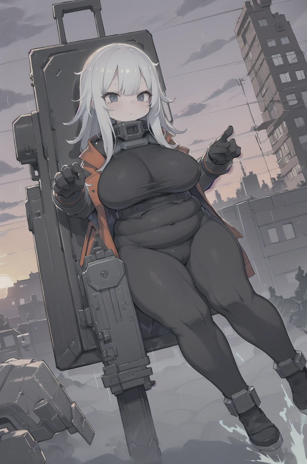 military cyberpunk, battle, tight stockings, angry scream, Open mouth, young girl, Pullover, whole body to see, (( very wide hips)), (((colossal Thighs, gigantic thighs, very huge thighs, very big thighs))), fullbody, platform heels, pale skin, very Big breast, firm breast, Hoodie high cut leotard, Battle, fighting, gun,