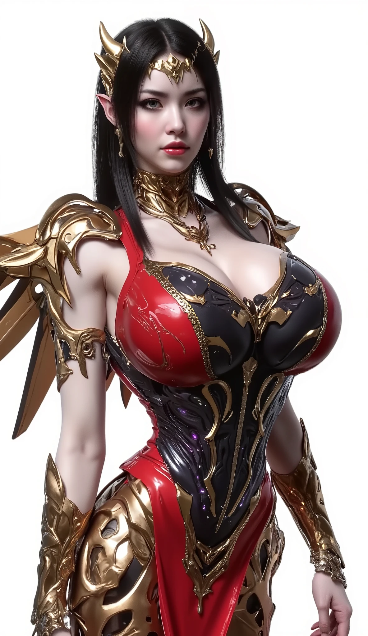 ((Upper body view:1.4)), ((masterpiece)),(((best quality))), ((futuristic empress, mature face, ((middle eastern eyes:1.4)), ((gold futuristic gown)), (((intricate futuristic breastplate))), defined cheekbones, high cheekbones, illustration, muscular, ((future gold:1.4)), sexy bimbo, (gigantic breasts:1.7) red hair, ((detailed face:1.4)) beautiful woman, (Chinese:1.4) (white skin:1.4) , (red lipstick:1.4), shiny skin, ((skindentation)), scribbles and marks,(puffy lips:1.4) ,  (Shibuya Street at night: 1.5), (Shibuya Street at night: 1.5), rough sketches, pose, 8k,16k, ( background, white background: 1.3) ((warm color palette)), ((future model aesthetic))