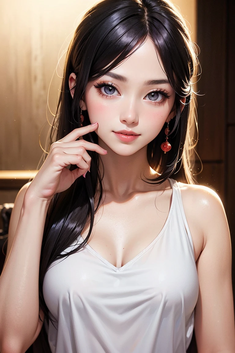 masterpiece, Best Quality, (lying down, lying in bed, she is in front of you), long black hair, halo, hits, yellow eyes, (( light yellow bra and panties )), big , (see through nipples), blush, little smile, (at night, in bed), before sleep, Soft lighting, indirect lighting