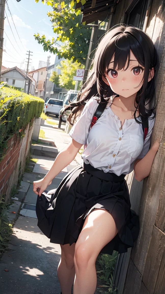 masterpiece, High resolution, Realistic, Black Hair, Asian Girl, ponytail, Very short stature,Hair Ribbon,((the face of a very young child:1.1)).○, A girl wearing a pink idol dress (((Beautiful thighsが露出したSparklingアイドルドレス:1.2)))、(Fold it back to wear, Too short mini frill skirt), (Black Hairのアジア人), Outdoor, ponytail, Are standing, Outdoor, wearing red Backpack, (Backpack:1.1) (赤いBackpack:1.2)、((Beautiful thighs:1.39)),((Lovely:1.4)),((Girls who love to show off their panties)),Browsing Caution