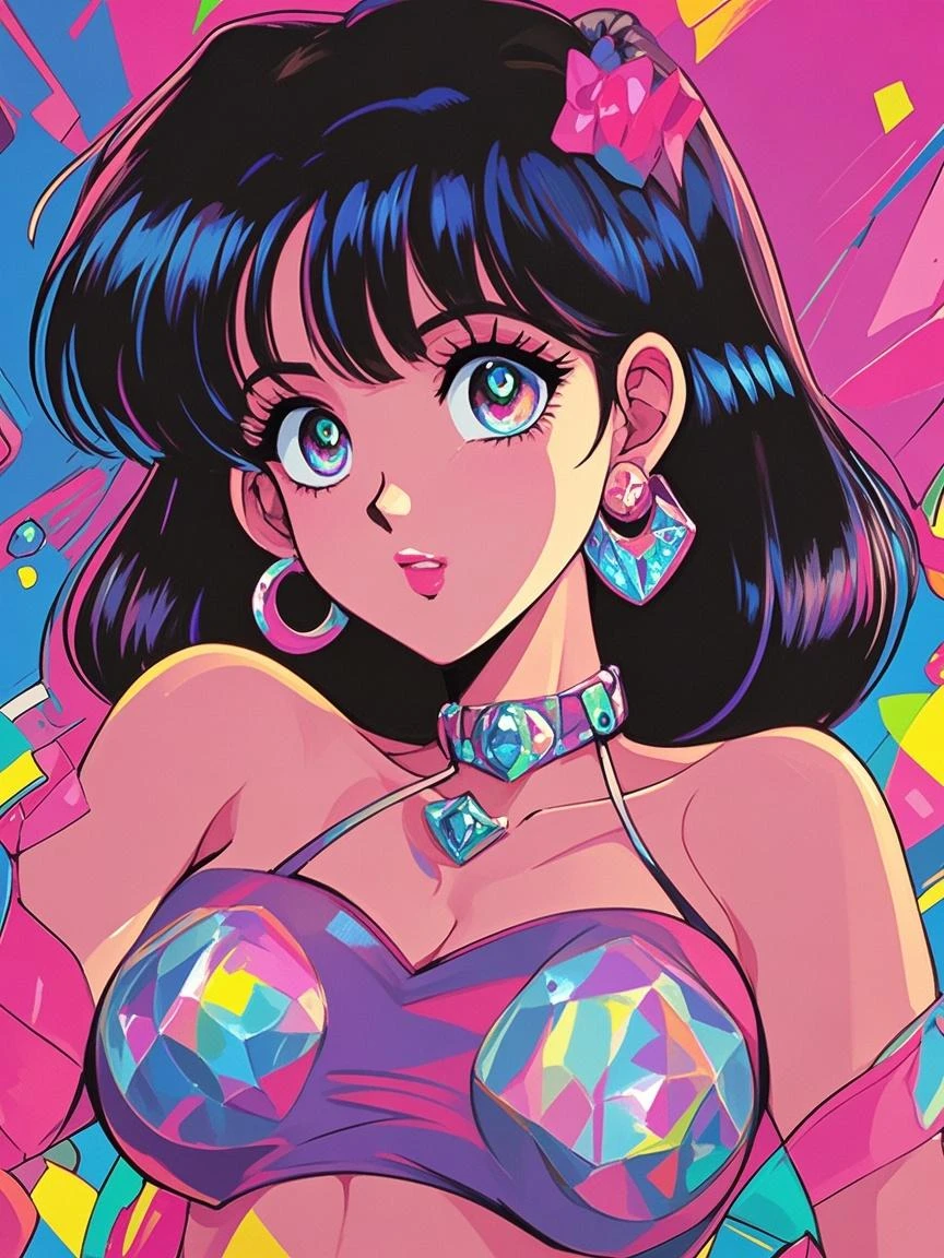 thick sailor mars, black hair, purple highlights, purple eyes, arms at sides, kawaii, cute overload, 60s psychedelic anime style, funky, trippy, playful, pastel color palette, art nouveau, art deco, pop art, absurdres, highres, ultra detailed, big tits, cleavage, realistic depiction