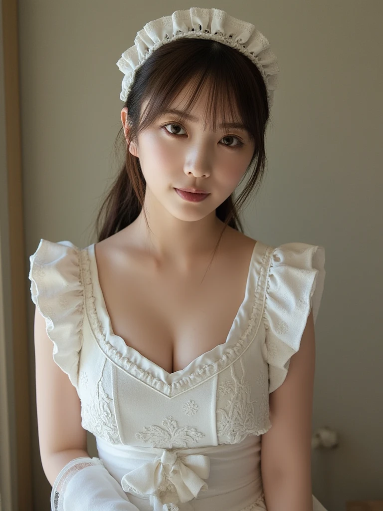 (masterpiece:1.0), (best quality:1.4), (ultra highres:1.2), (delicate illustration:1.4), (renaissance art:1.4), (8k, RAW photo:1.2), (soft focus:1.4), 1 young girl, (18yo:1.3), (sharp focus:1.4), (Japanese:1.0), (korean:0.7), detailed beautiful face, black hair, (detailed maid crothes:1.4), (lace choker:1.2), beautiful white shiny humid skin, big boobs